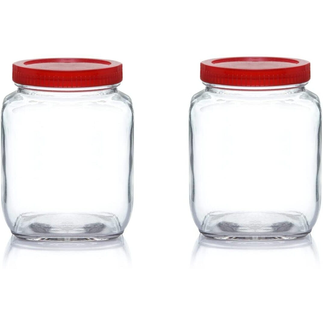 Feelopie Yera Glass 1000ml Square Pickle Clear Jars & Containers||for Kitchen Pantry,Snacks, Masala, Honey, Pickles,Cookies,Dry Fruits,and Coffee Beans Storage||Plastic Red Lid (1kg, Set Of 2)