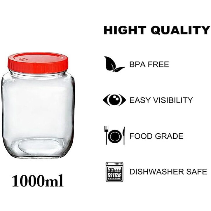 Feelopie Yera Glass 1000ml Square Pickle Clear Jars & Containers||for Kitchen Pantry,Snacks, Masala, Honey, Pickles,Cookies,Dry Fruits,and Coffee Beans Storage||Plastic Red Lid (1kg, Set Of 2)