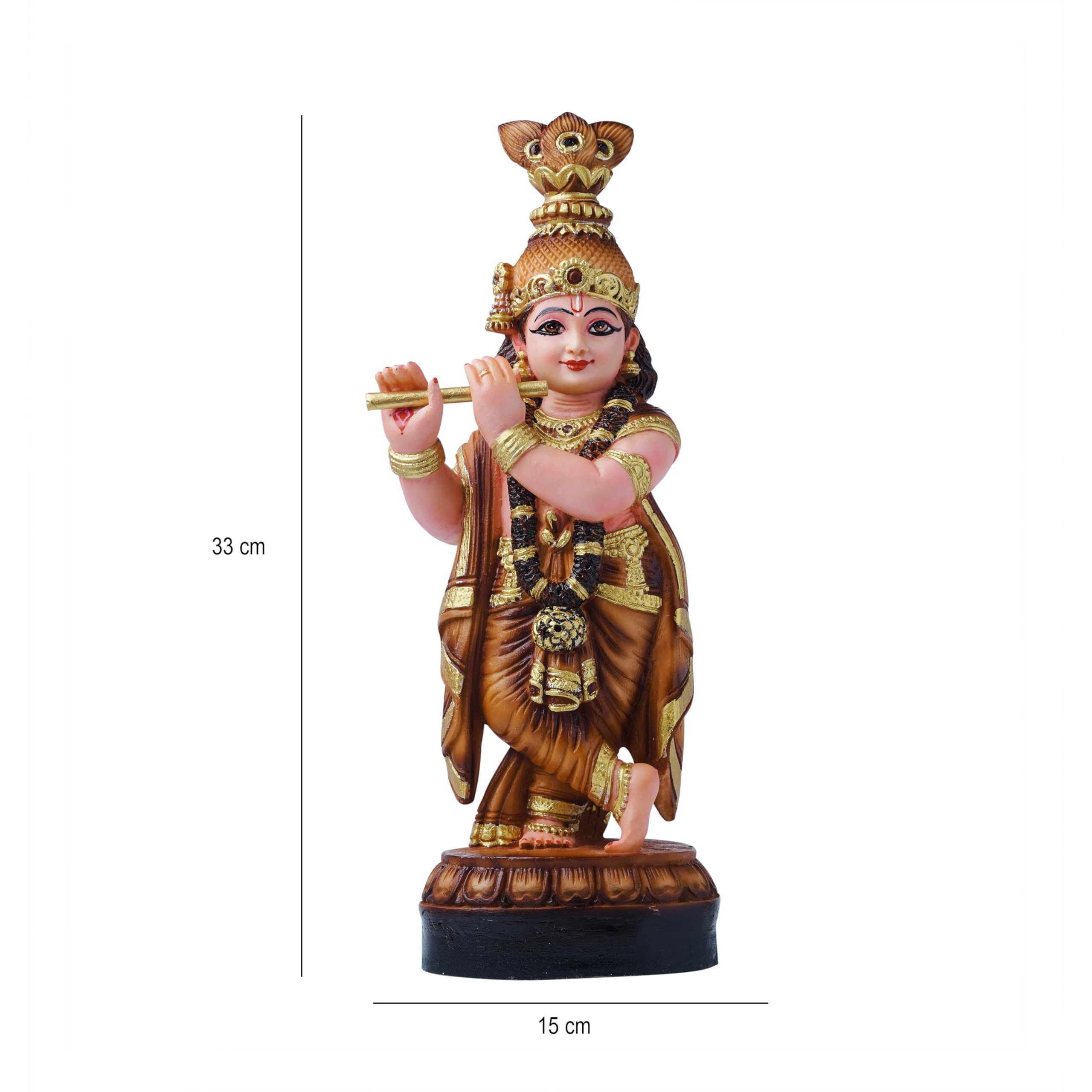 Newven Guruvayoor Krishna Idol | Decorative Hindu God Statue | Kanhaji Murti Showpiece | Figurine Home Decor | Craft Gifts for House Warming for Living Room, Temple, Brown Idol, 34X13X10CM