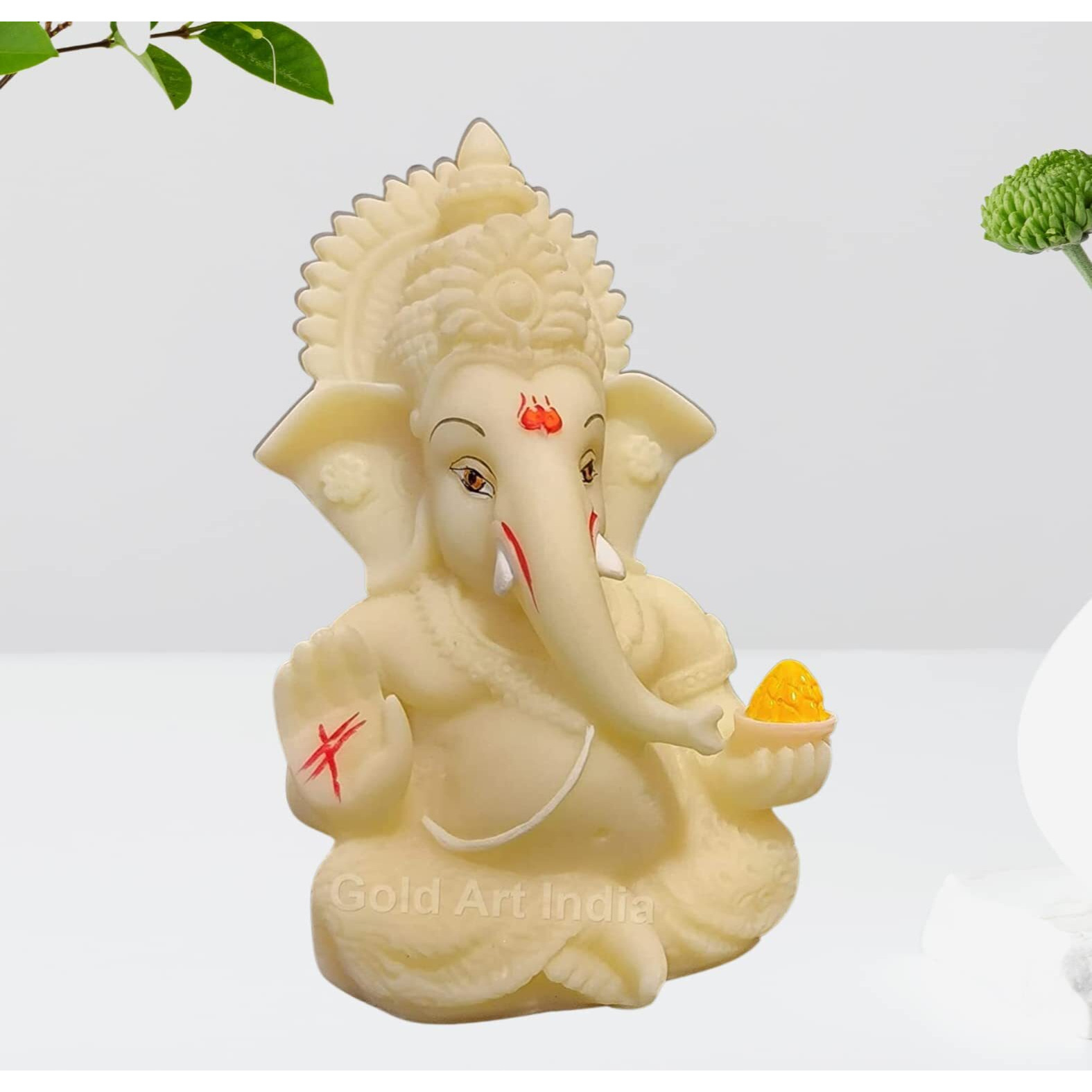 Gold Art India Mukut Ivory Ganesh Idol for Car Dashboard Ganesha Murti Ganpati Idol for Home Decor Puja Lord Ganesh Statue Gift for Office Desk Puja Room Figurine