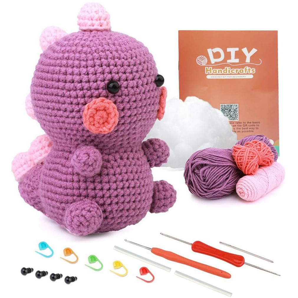 PATPAT Crochet Stuffed Animal Kit Crochet Kit for Beginners DIY Knitting Kit Full Set Crochet Starter Kit with Yarn, Polyester Fiber, Crochet Hooks, Tutorial Video, Kids Christmas Gifts (Dinosaur)