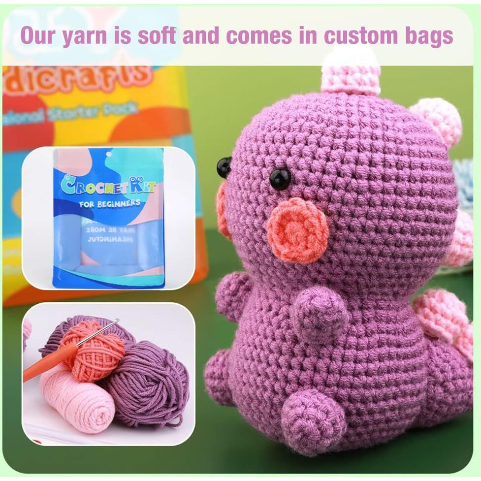 PATPAT Crochet Stuffed Animal Kit Crochet Kit for Beginners DIY Knitting Kit Full Set Crochet Starter Kit with Yarn, Polyester Fiber, Crochet Hooks, Tutorial Video, Kids Christmas Gifts (Dinosaur)