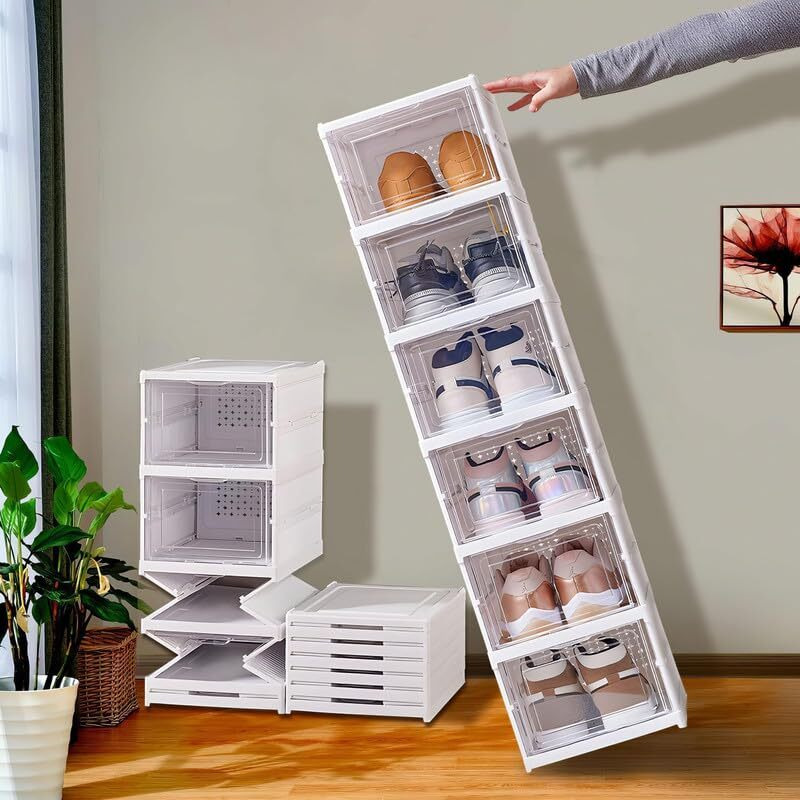 KWER Drop Front Shoe Organizer Storage Box, No Assembly Stackable Shoe Storage Bins with Clear Door, Free Standing Shoe Shelf Cabinet with Lids, Plastic Shoe Rack for Closet Entryway, 6-Tier