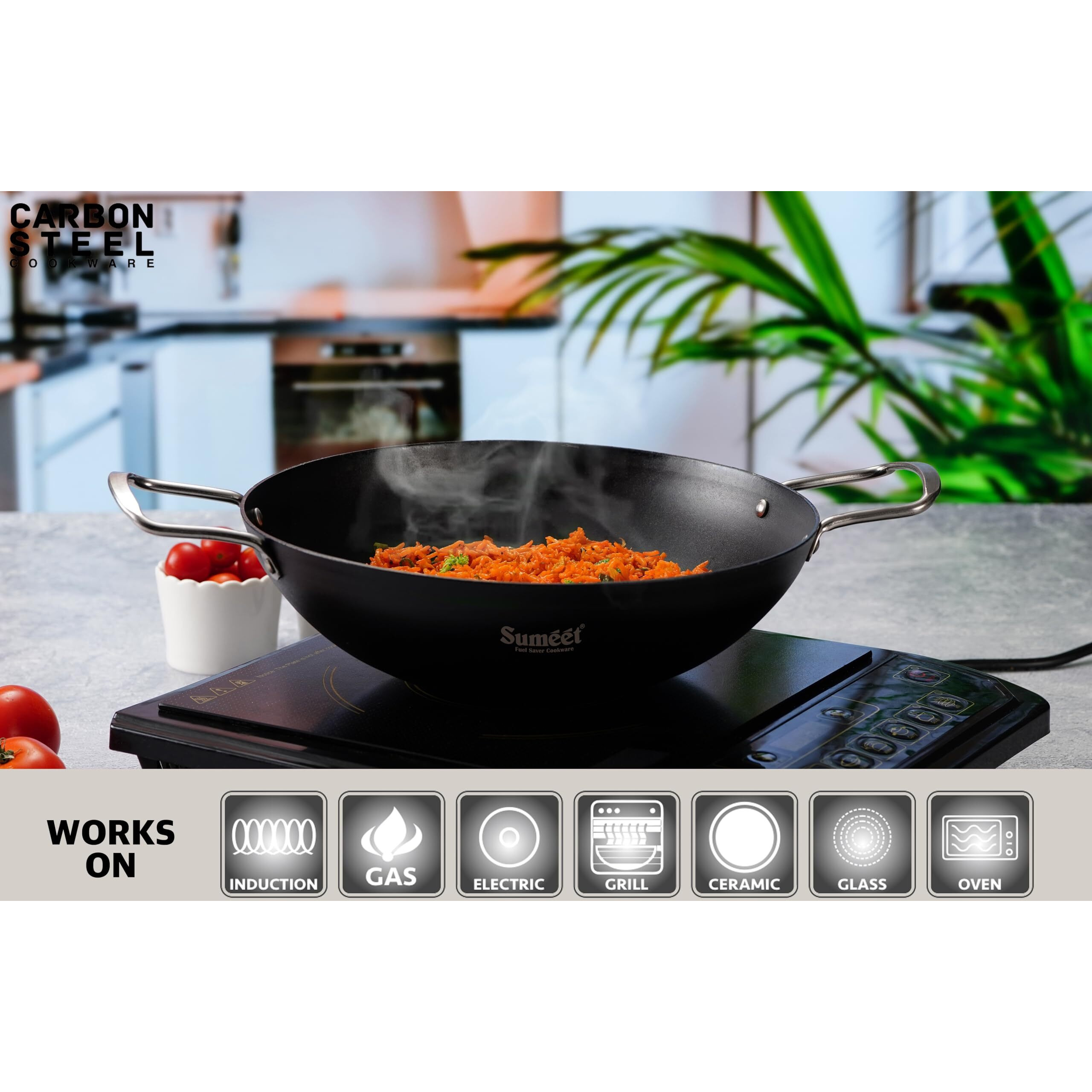 Sumeet Super Smooth Pre Seasoned Carbon Steel (Iron) Deep Kadai for Cooking and Deep Frying|Naturally Nonstick |29.6cm | 3500ml, Gas & Induction-Friendly, Black