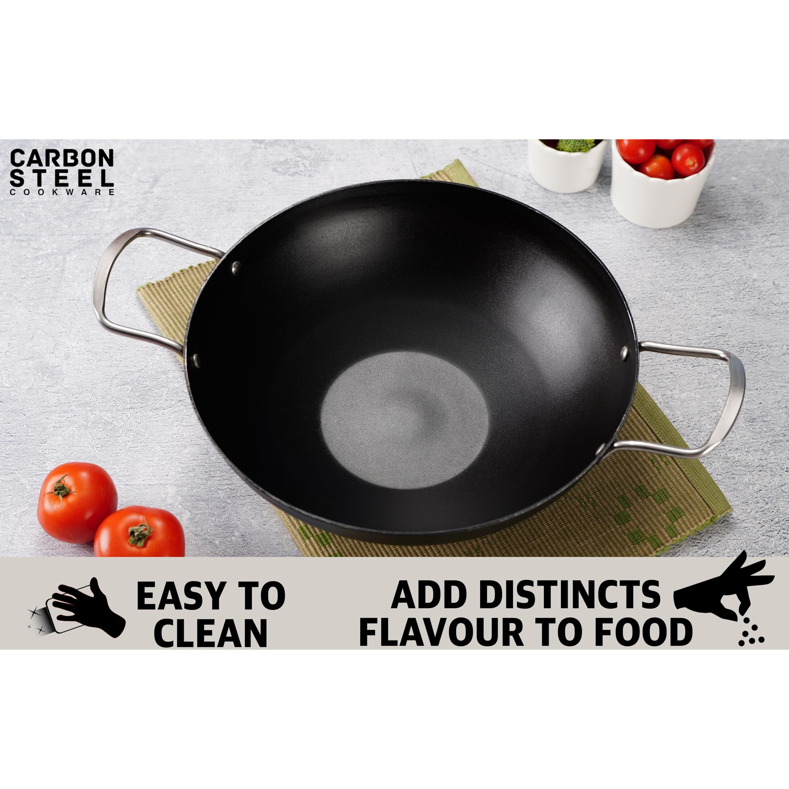 Sumeet Super Smooth Pre Seasoned Carbon Steel (Iron) Deep Kadai for Cooking and Deep Frying|Naturally Nonstick |29.6cm | 3500ml, Gas & Induction-Friendly, Black