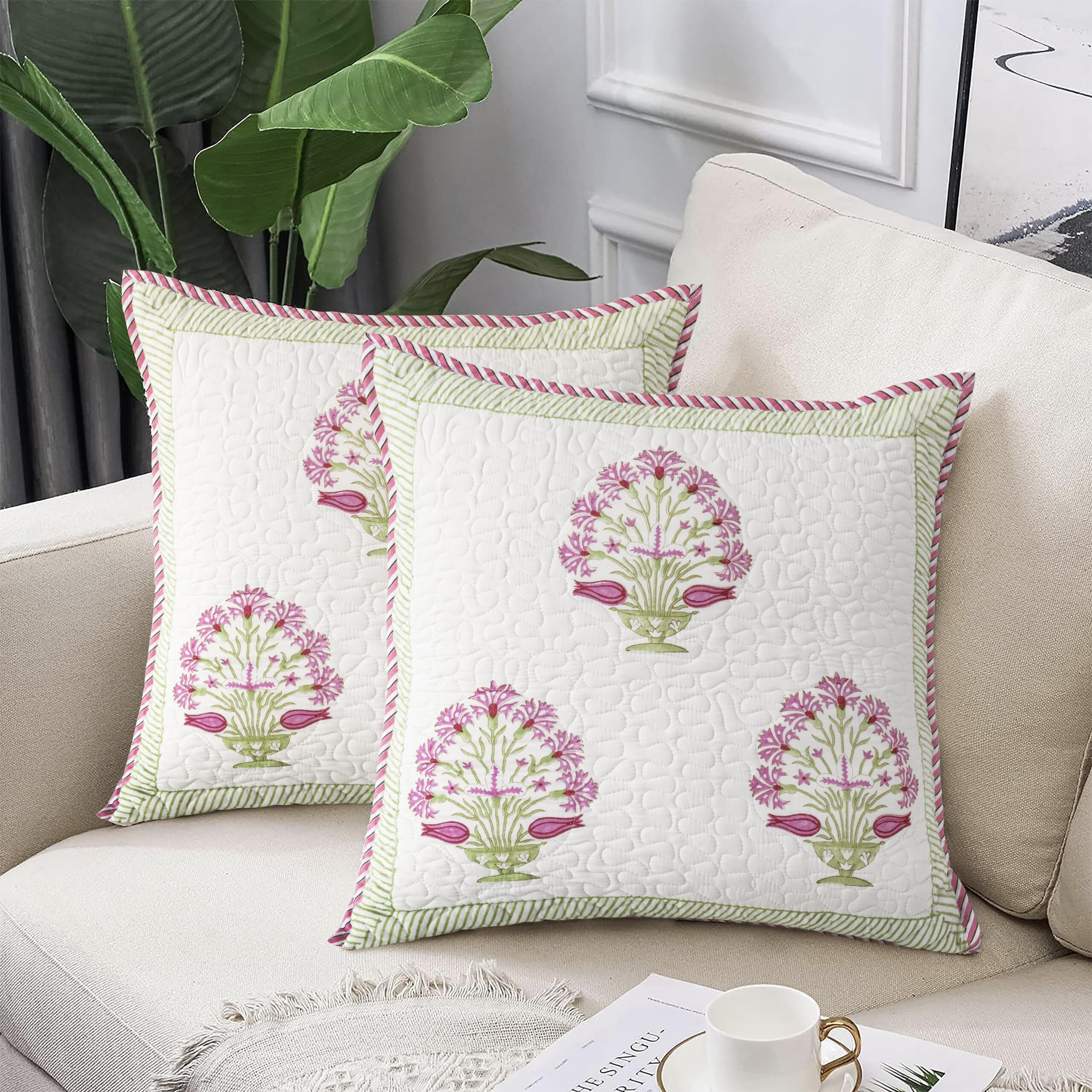 HOMEMONDE Sofa Cushion Cover 24 x 24 Inches Set of 2 - Square Pillow Cover Cotton for Living Room Couch, Pink, 60 x 60 CM