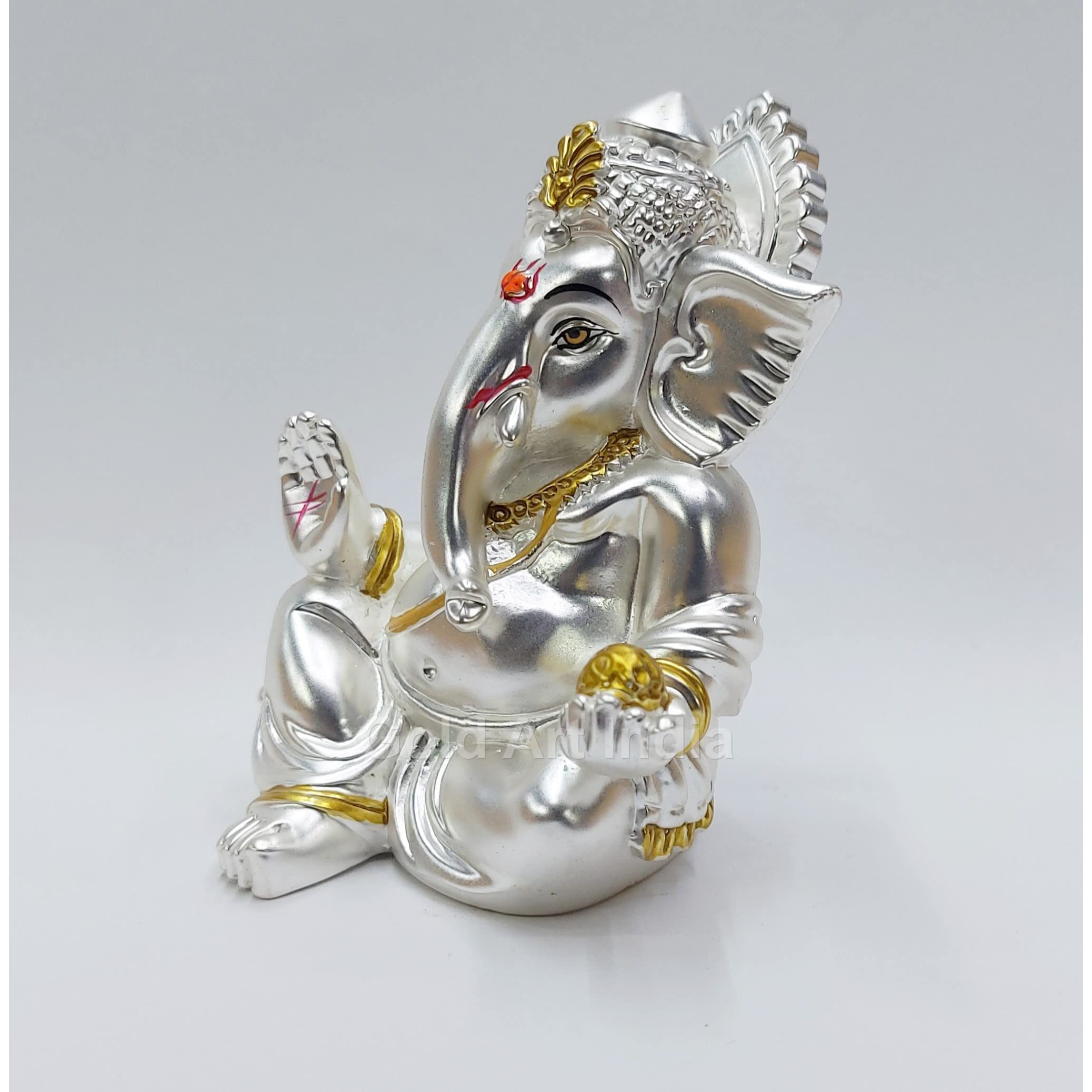 Gold Art India Matte Silver Plated Gaddi Ganesh Idol For Car Dashboard Small Ganesha Murti Ganpati Idol For Home Decor Puja Lord Ganesh Statue Gift For Office Desk Puja Room Figurine