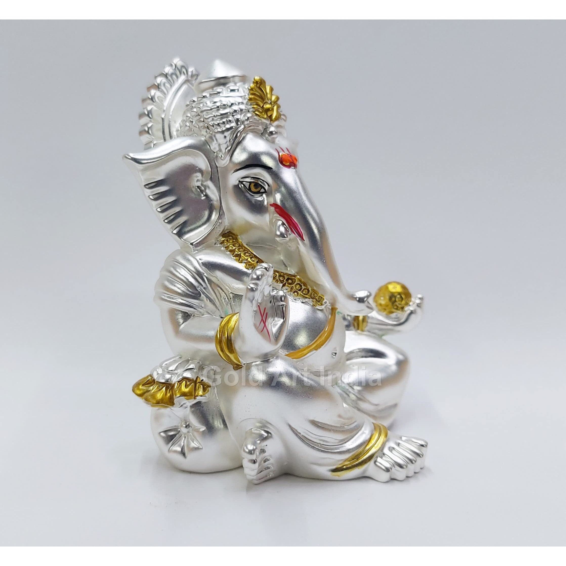 Gold Art India Matte Silver Plated Gaddi Ganesh Idol For Car Dashboard Small Ganesha Murti Ganpati Idol For Home Decor Puja Lord Ganesh Statue Gift For Office Desk Puja Room Figurine