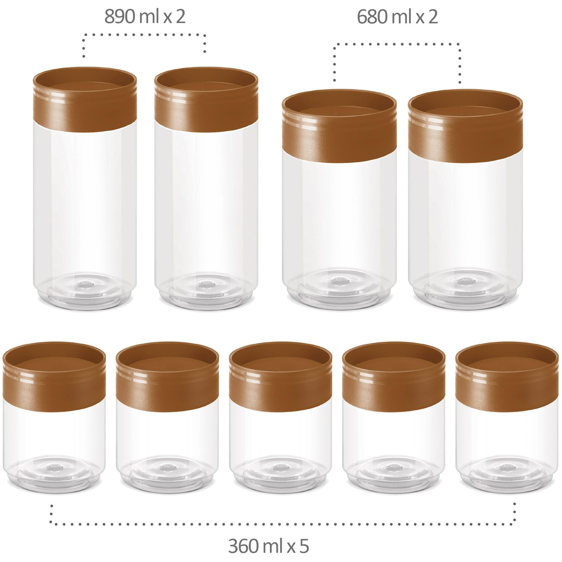 MILTON Stack IT Snack Round Plastic Storage Jar, Set of 9 (5 x 360 ml 2 x 680 ml 2 x 890 ml), Brown | Airtight | Kitchen Organiser | BPA Free | Stackable | Modular | Food Grade | Multipurpose