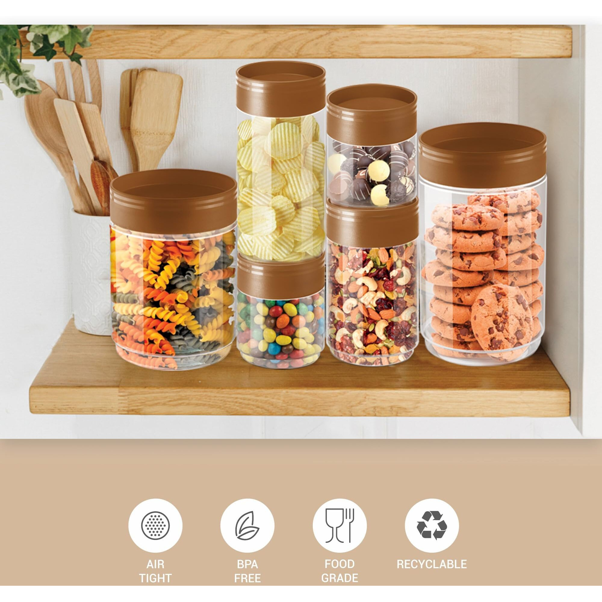 MILTON Stack IT Snack Round Plastic Storage Jar, Set of 9 (5 x 360 ml 2 x 680 ml 2 x 890 ml), Brown | Airtight | Kitchen Organiser | BPA Free | Stackable | Modular | Food Grade | Multipurpose