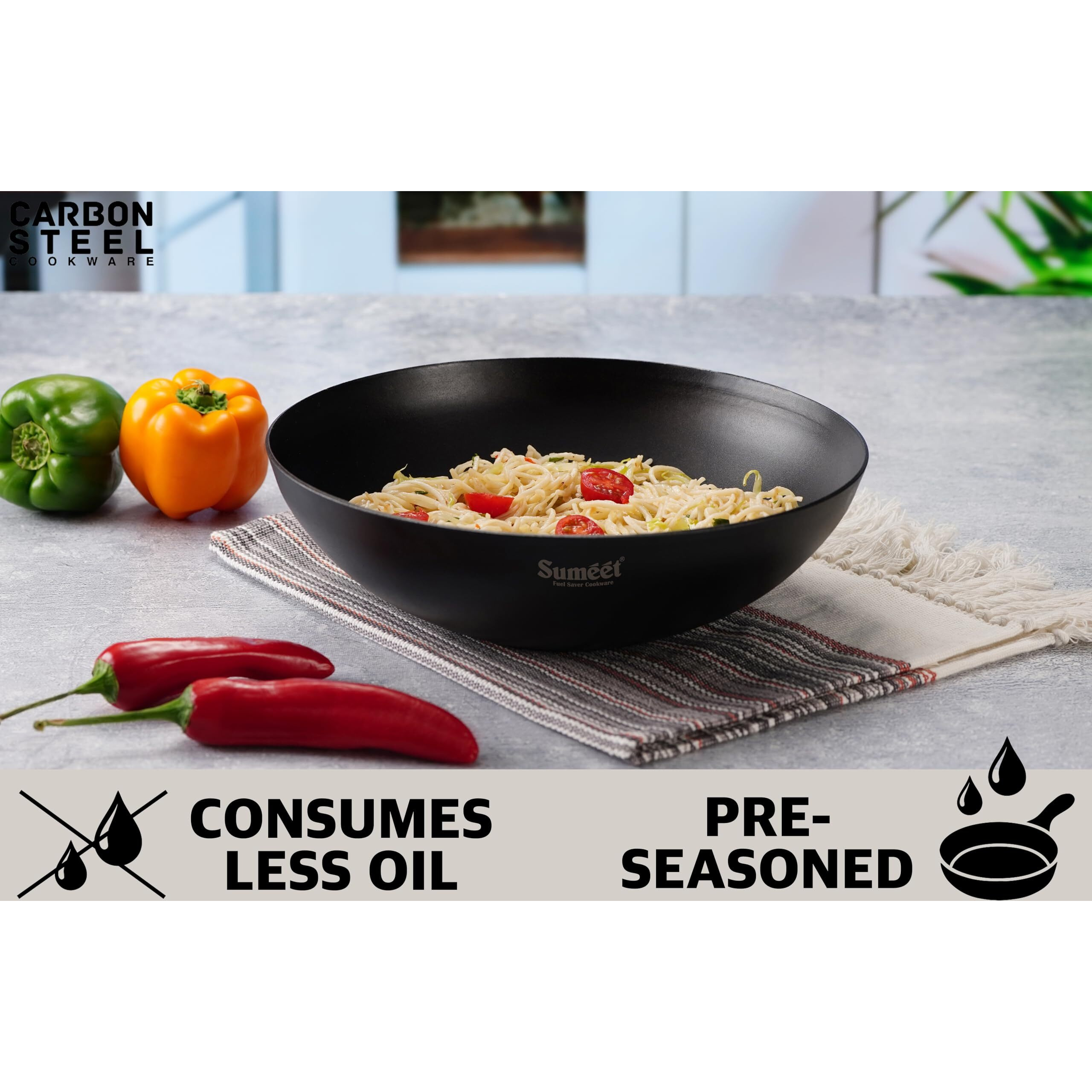 Sumeet Super Smooth Pre Seasoned Carbon Steel (Iron) Deep Tasra for Cooking and Deep Frying|Naturally Nonstick |29.6cm | 3500ml, Gas & Induction-Friendly, Black