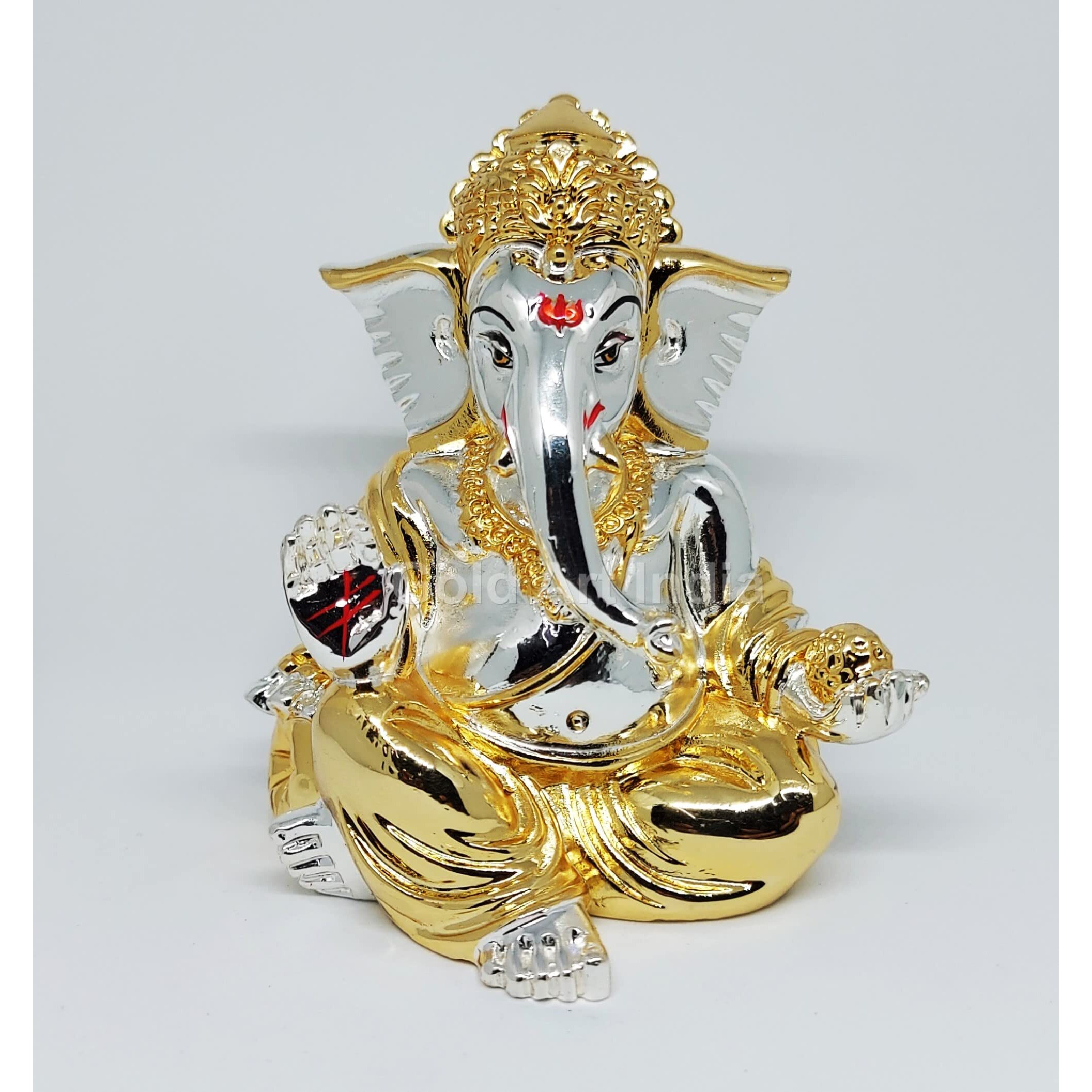 Gold and Silver plated gaddi ganesha Idol | Ganpati Bappa Murti | for Home Decor Puja Lord Ganesh Statue Gift for Office Desk Puja Room Figurine, Car Dashboard, House Warming (7.6 x 7.6 x 8.8)