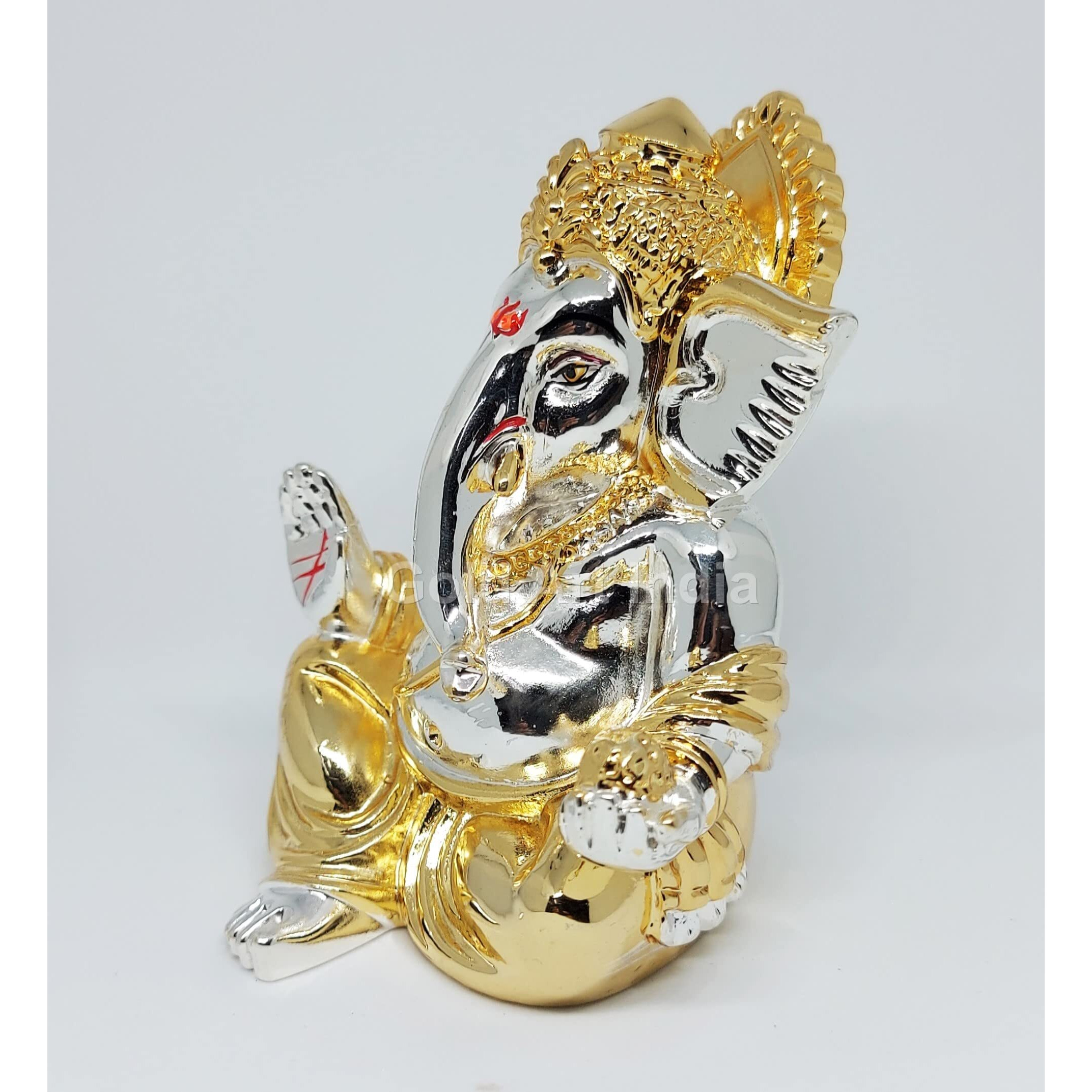 Gold and Silver plated gaddi ganesha Idol | Ganpati Bappa Murti | for Home Decor Puja Lord Ganesh Statue Gift for Office Desk Puja Room Figurine, Car Dashboard, House Warming (7.6 x 7.6 x 8.8)