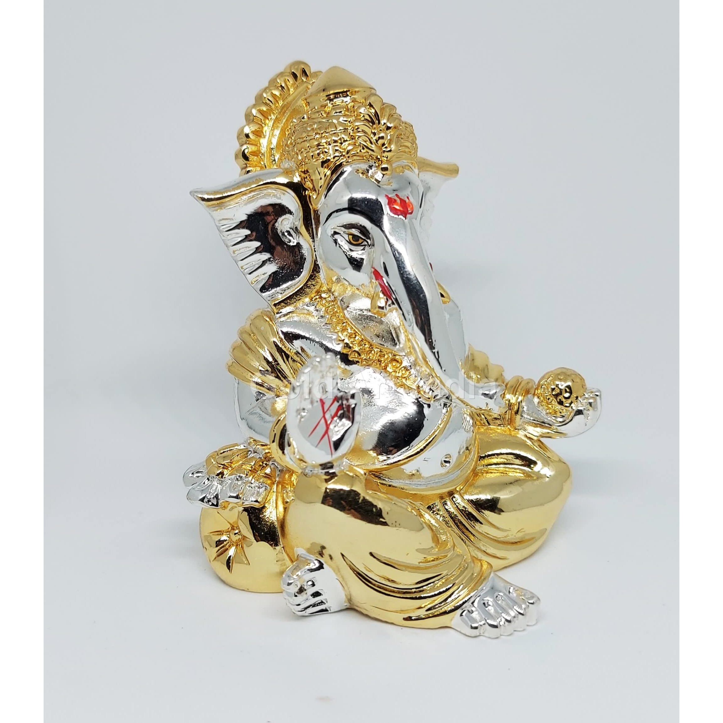 Gold and Silver plated gaddi ganesha Idol | Ganpati Bappa Murti | for Home Decor Puja Lord Ganesh Statue Gift for Office Desk Puja Room Figurine, Car Dashboard, House Warming (7.6 x 7.6 x 8.8)