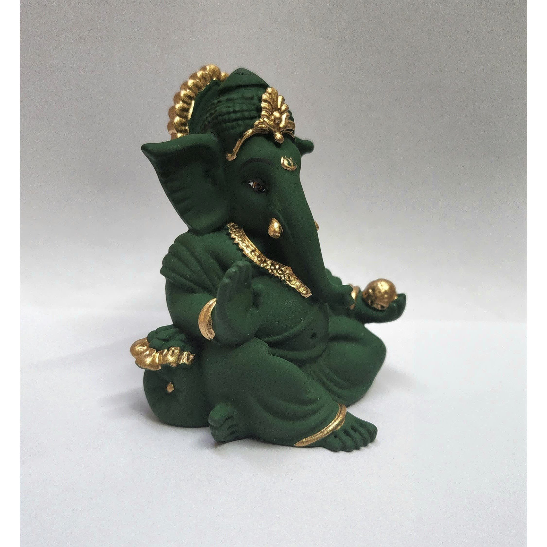 Gold Art India Terracotta Green Gaddi Ganesha for Car Dashboard Home Decor Gifting Diwali Birthday Festivals (GADDITERRACOTTAGREEN)