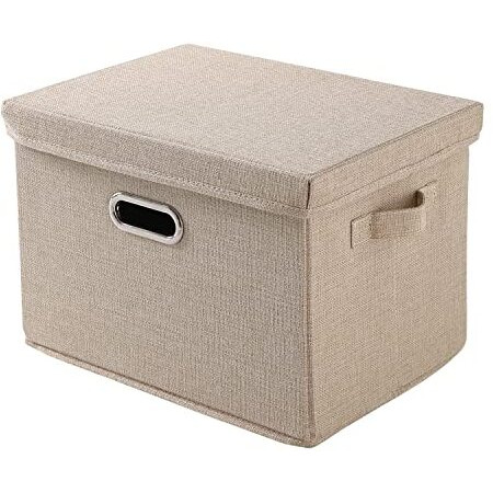 HOKIPO Multipurpose Storage Box with Lid for Wardrobe, Home and Office, Beige, Medium,Pack of 1 (AR-4369-M), Polyester Linen