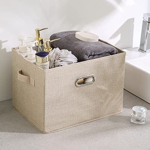 HOKIPO Multipurpose Storage Box with Lid for Wardrobe, Home and Office, Beige, Medium,Pack of 1 (AR-4369-M), Polyester Linen