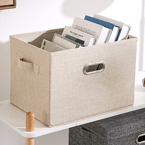 HOKIPO Multipurpose Storage Box with Lid for Wardrobe, Home and Office, Beige, Medium,Pack of 1 (AR-4369-M), Polyester Linen