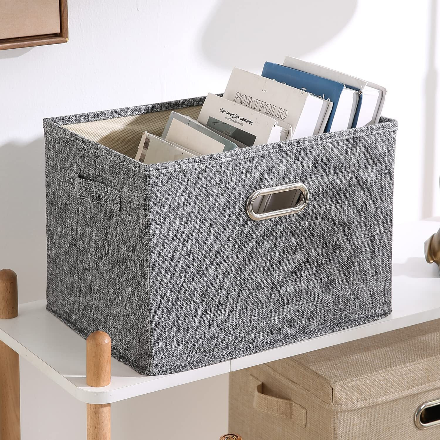 Hokipo Multipurpose Storage Bins With Lid For Cupboard, Home And Office, Grey, Medium, Pack Of 1 (Ar4369-M) - Polyester