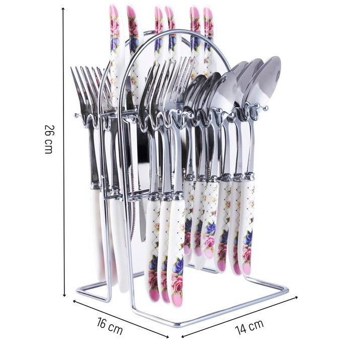 MGeezz Floral Pink and Purple Silver Ceramic Stainless Steel Cutlery Set with Spoons, Forks & Knives Combo of 24 with Stand and Floral Design Ceramic Handle with Exquisite Handle Set of 24