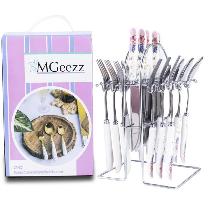 MGeezz Floral Pink and Purple Silver Ceramic Stainless Steel Cutlery Set with Spoons, Forks & Knives Combo of 24 with Stand and Floral Design Ceramic Handle with Exquisite Handle Set of 24