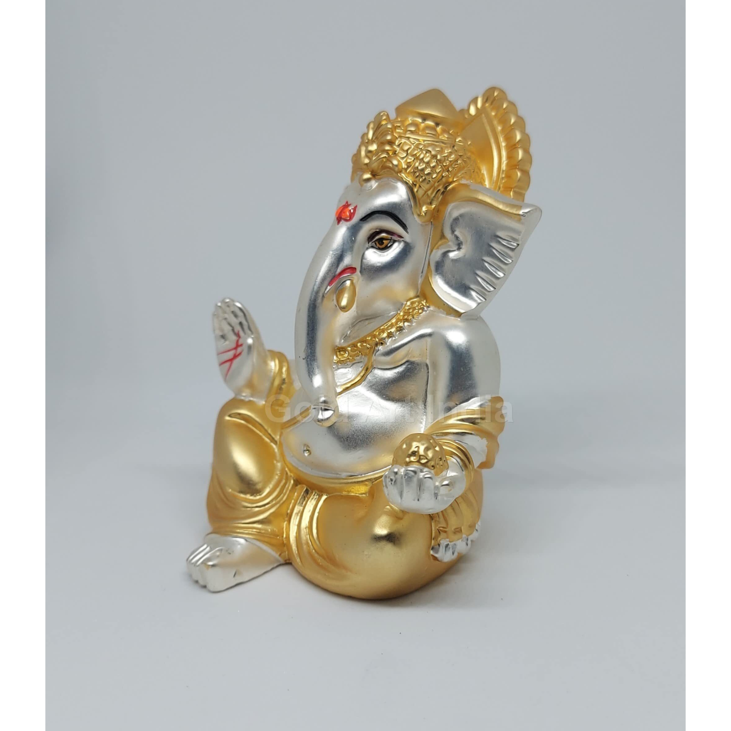 Gold Art India Gold and Silver Plated Matte Finish Ganesh Idol For Car Dashboard Ganesha Murti Ganpati Idol For Home Decor Puja Lord Ganesh Statue Gift For Office Desk Puja Room Figurine