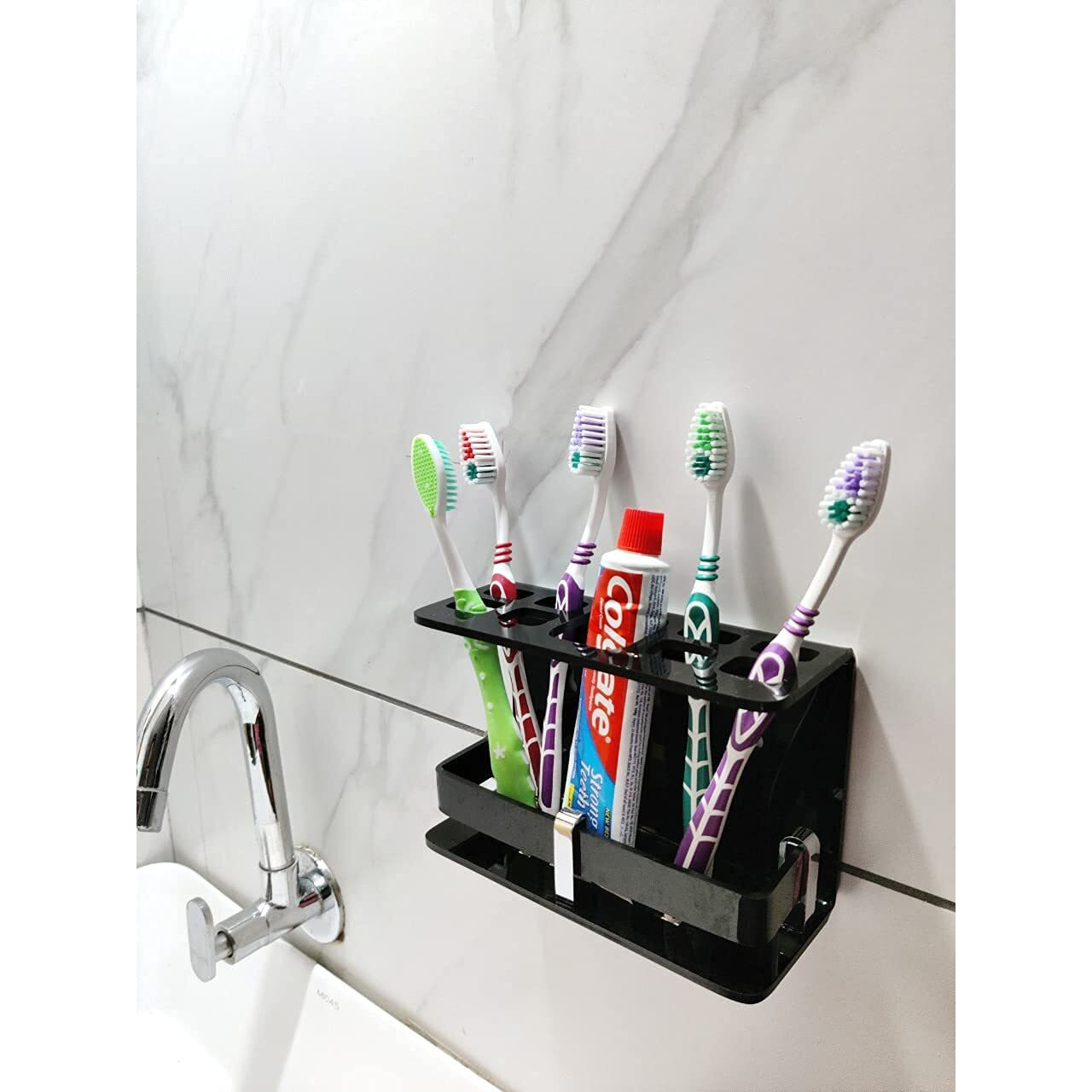 ZICOTO Wall Mounted self Adhesive Acrylic Tooth Brush Holder, Toothpaste Holder Stand, Tumbler Holder, Toothpaste for Bathroom Stand Organizer Rack for Bathroom Accessories (Big Black A.C)