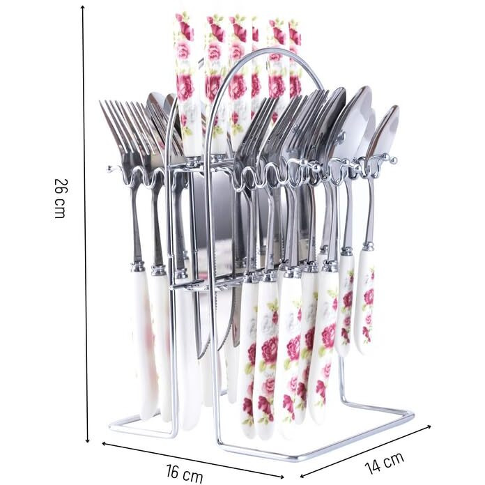 MGeezz Silver Stainless Steel Cutlery Set of 24 with Floral Pink Rose Ceramic Handle with a Combo of Spoons, Forks & Knives with Exquisite Handle