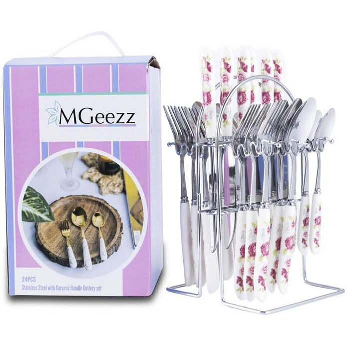 MGeezz Silver Stainless Steel Cutlery Set of 24 with Floral Pink Rose Ceramic Handle with a Combo of Spoons, Forks & Knives with Exquisite Handle