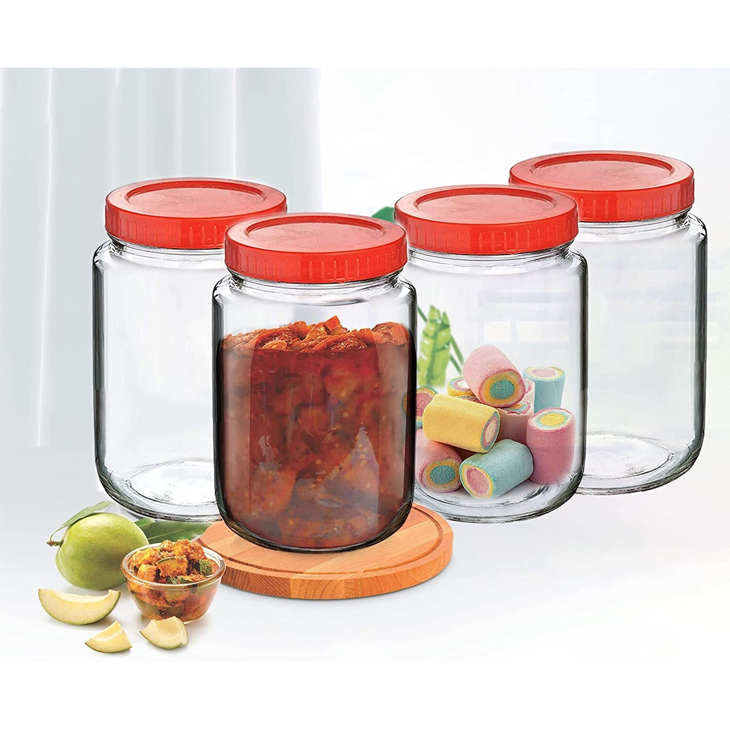 Feelopie Piramal Glass Jar 1000 ml Round pickle Jars for kitchen home storage Transparent airtight Glass Containers for Kitchen Pantry, Flour, Cereal, Masala, Dry Fruits|Red Cap(1000ml, Set of 4)