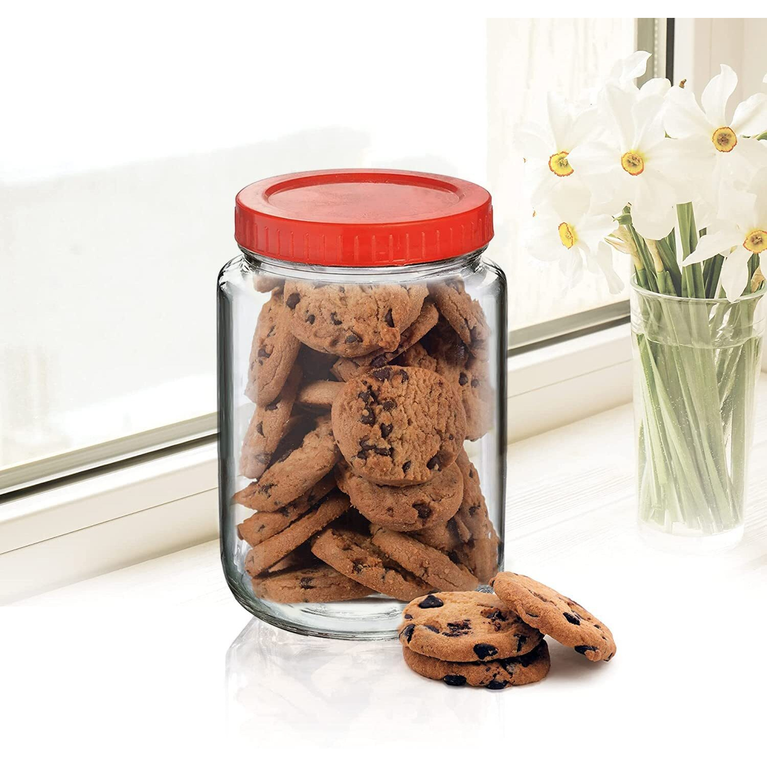 Feelopie Piramal Glass Jar 1000 ml Round pickle Jars for kitchen home storage Transparent airtight Glass Containers for Kitchen Pantry, Flour, Cereal, Masala, Dry Fruits|Red Cap(1000ml, Set of 4)