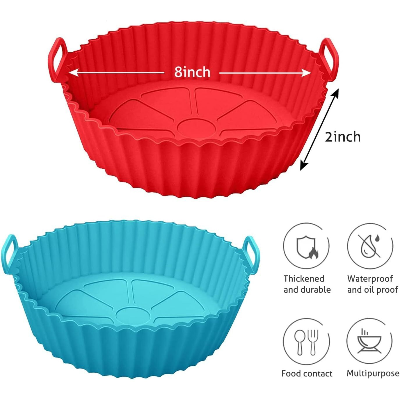 Konquer TimeS Silicone Air Fryer Liners,Replaces Flammable Parchment Paper, Air Fryer Silicone Basket Non-Stick Safe & Easy to Clean,Reusable.(Top 8inch, Bottom 6.75inch) Multicolor (8 inch, 2)