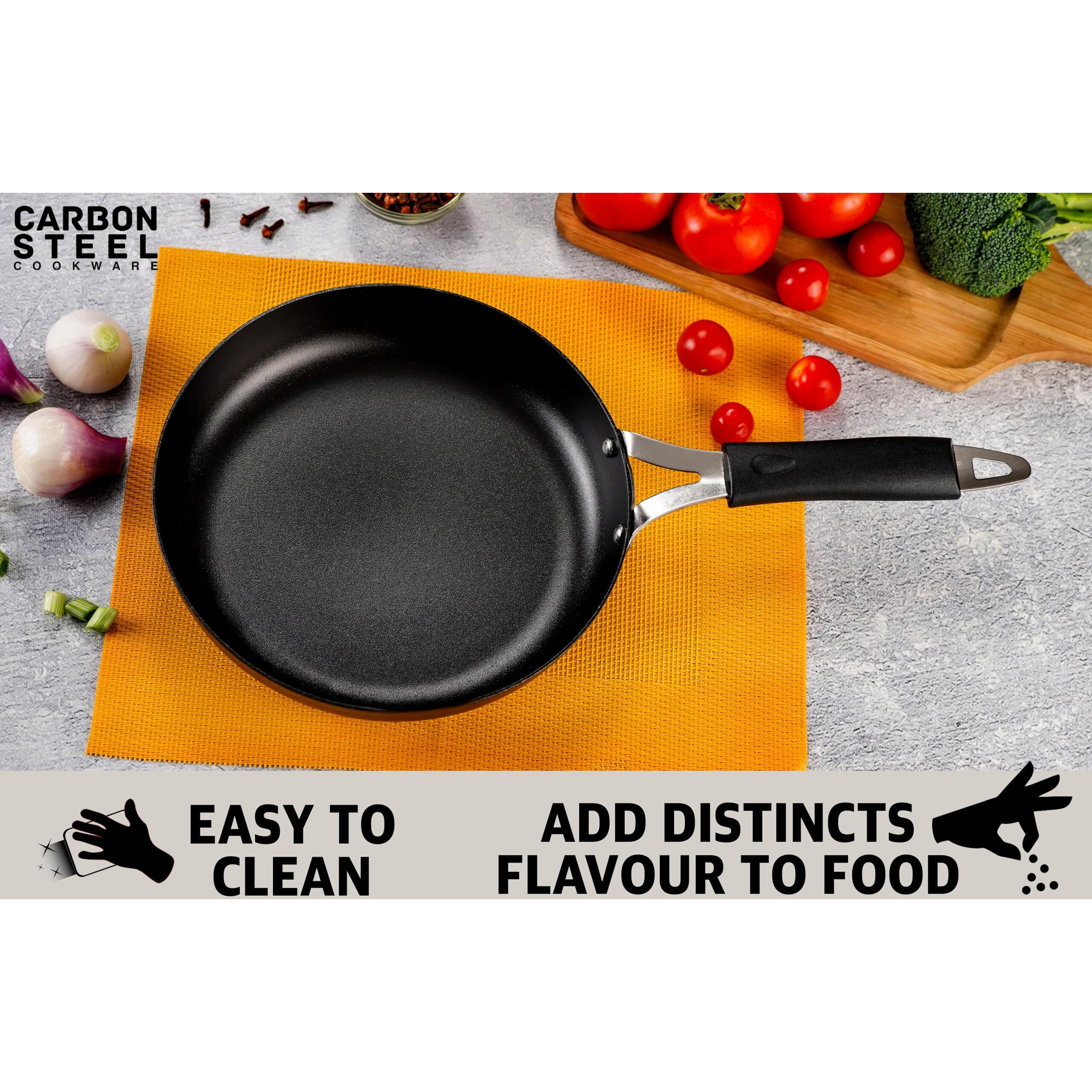 Sumeet Super Smooth Pre Seasoned Carbon Steel (Iron) Fry Pan for Frying, Roasting, Saute|Naturally Nonstick |25cm | 2000ml, Gas & Induction-Friendly, Black