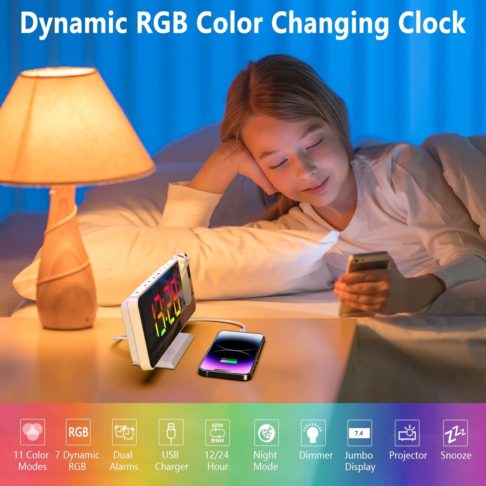 Threeh Projection Digital Alarm Clock For Bedrooms Dynamic Rgb Clock With Led Mirror Display Usb Charger Dual Alarm- White - Plastic, 18.5 Cm