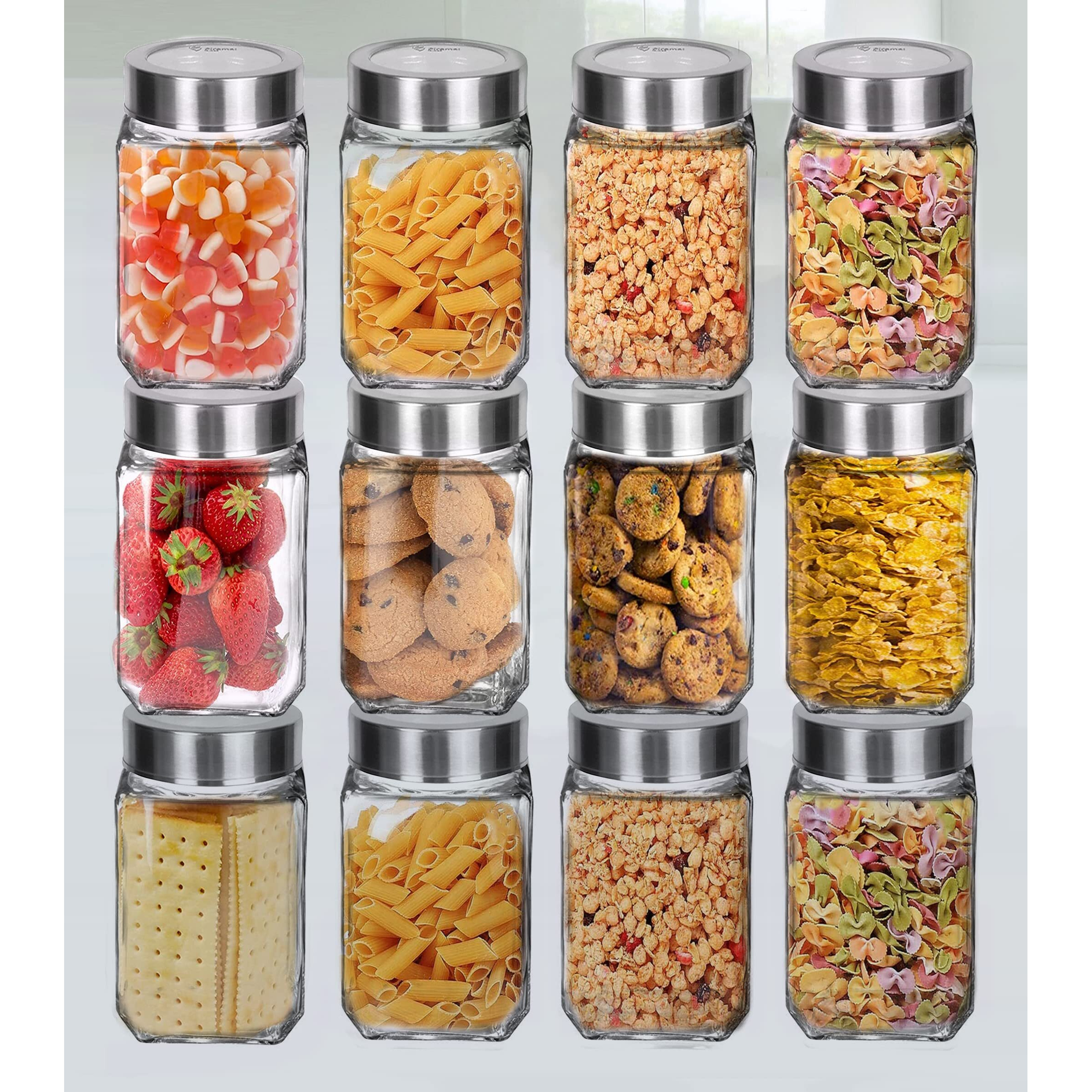 CLOUDMART Piramal Glass Square Clear Jars & Containers for Kitchen Pantry, Snacks, Honey, Pickles, Cookies, Dry Fruits, Coffee Beans Storage with Stainless Steel Lid (Cube Jar, 300ml, Set Of 12)