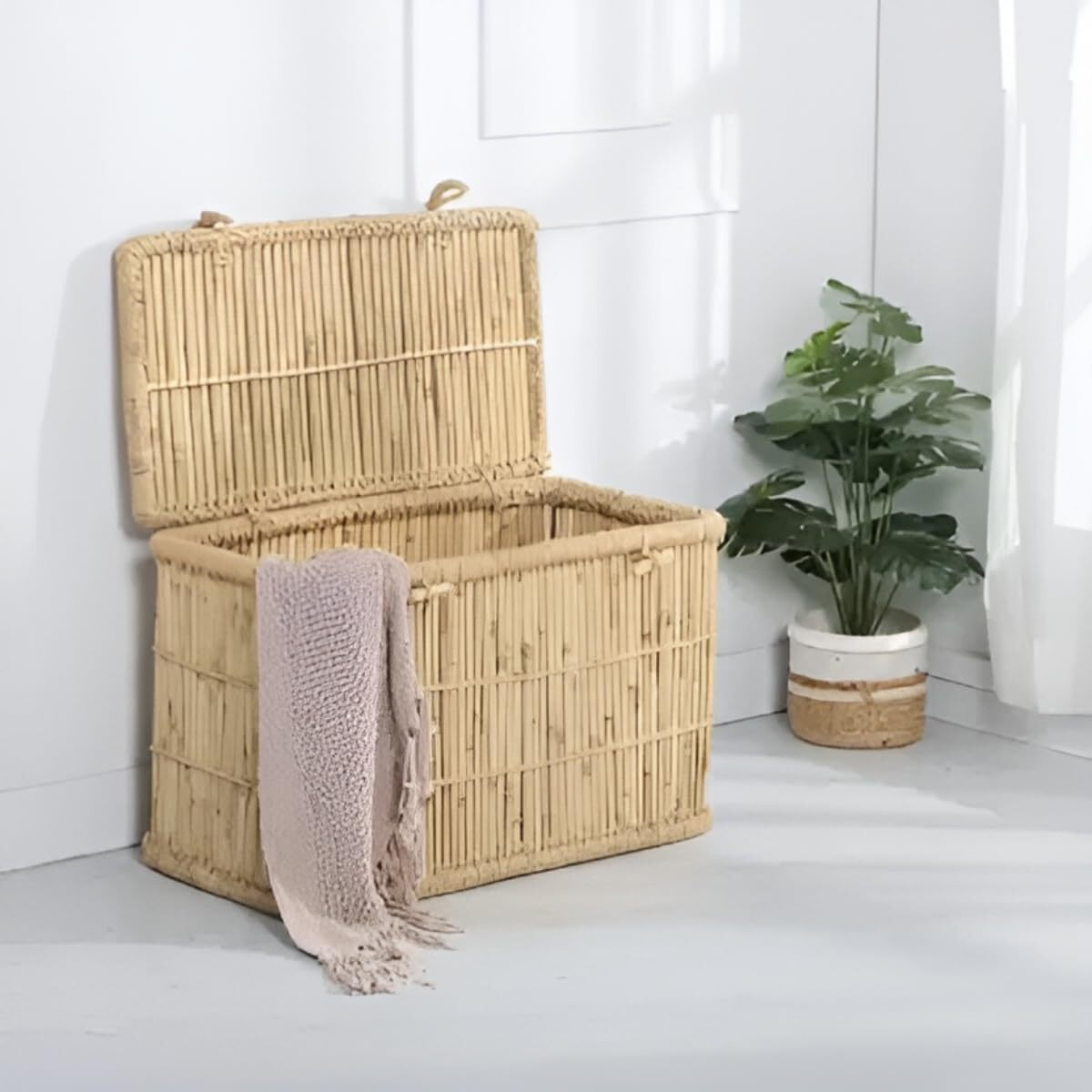 Yuvivaa Laundry Basket For Clothes With Lid | Laundry Box Wood Storage Big Size | Wooden Picnic Hamper | Baby Toys Storage Organizer With Sitting (Bamboo Cane Eco-Friendly)