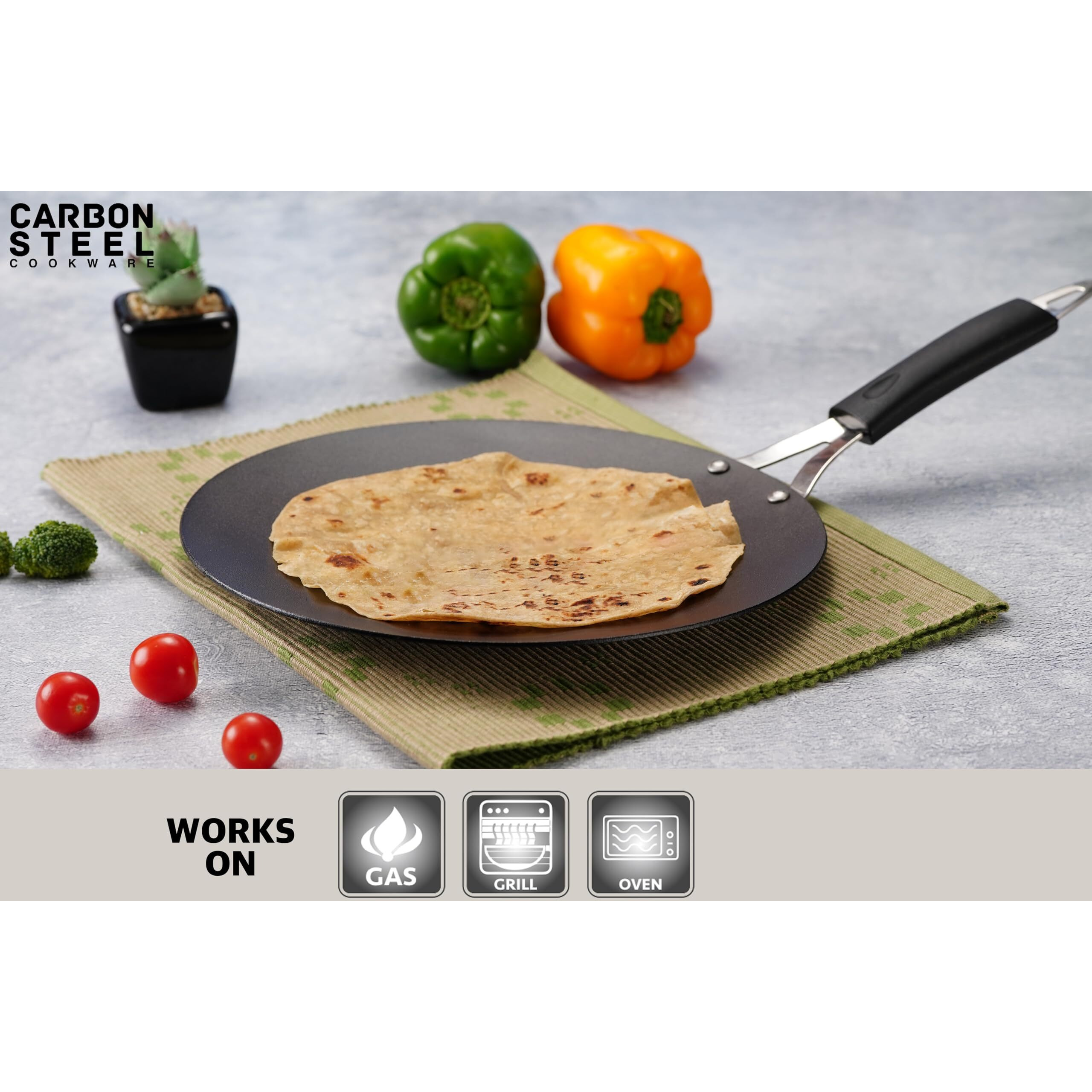 Sumeet Super Smooth Pre Seasoned Carbon Steel (Iron) Flat Tawa for Dosa, Uttappa, Chapati, Roti|Naturally Nonstick |29.5cm, Gas & Induction-Friendly, Black