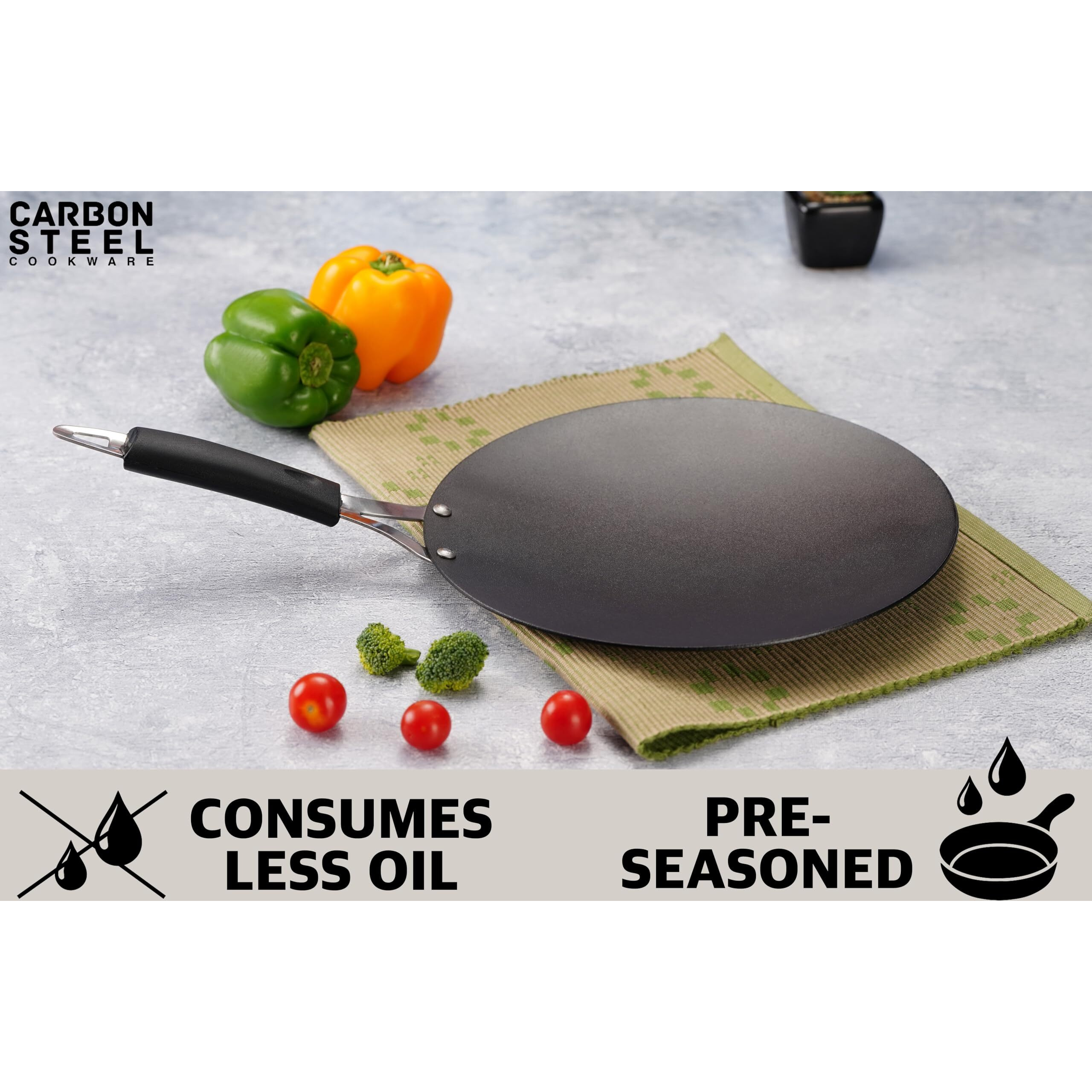 Sumeet Super Smooth Pre Seasoned Carbon Steel (Iron) Flat Tawa for Dosa, Uttappa, Chapati, Roti|Naturally Nonstick |29.5cm, Gas & Induction-Friendly, Black