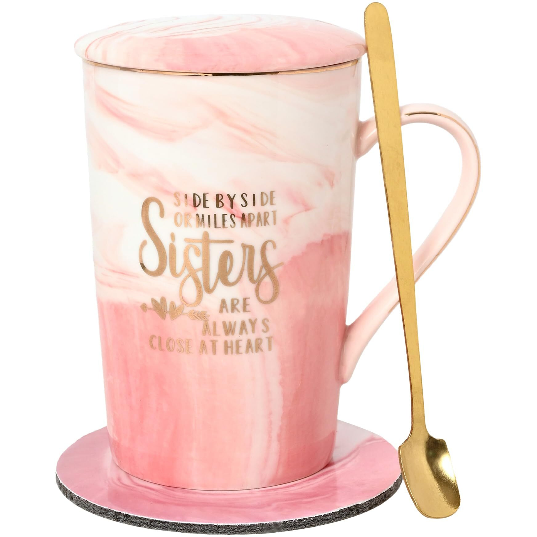 NYRWANA Coffee Mug, Birthday Gift for Girls, Birthday Gift for Women, Mugs for Coffee, Coffee Mug with Lid, Birthday Gift for Sister, Rakhi Gift for Sister, Mug with Spoon & Gift Box (400ml - Pink)