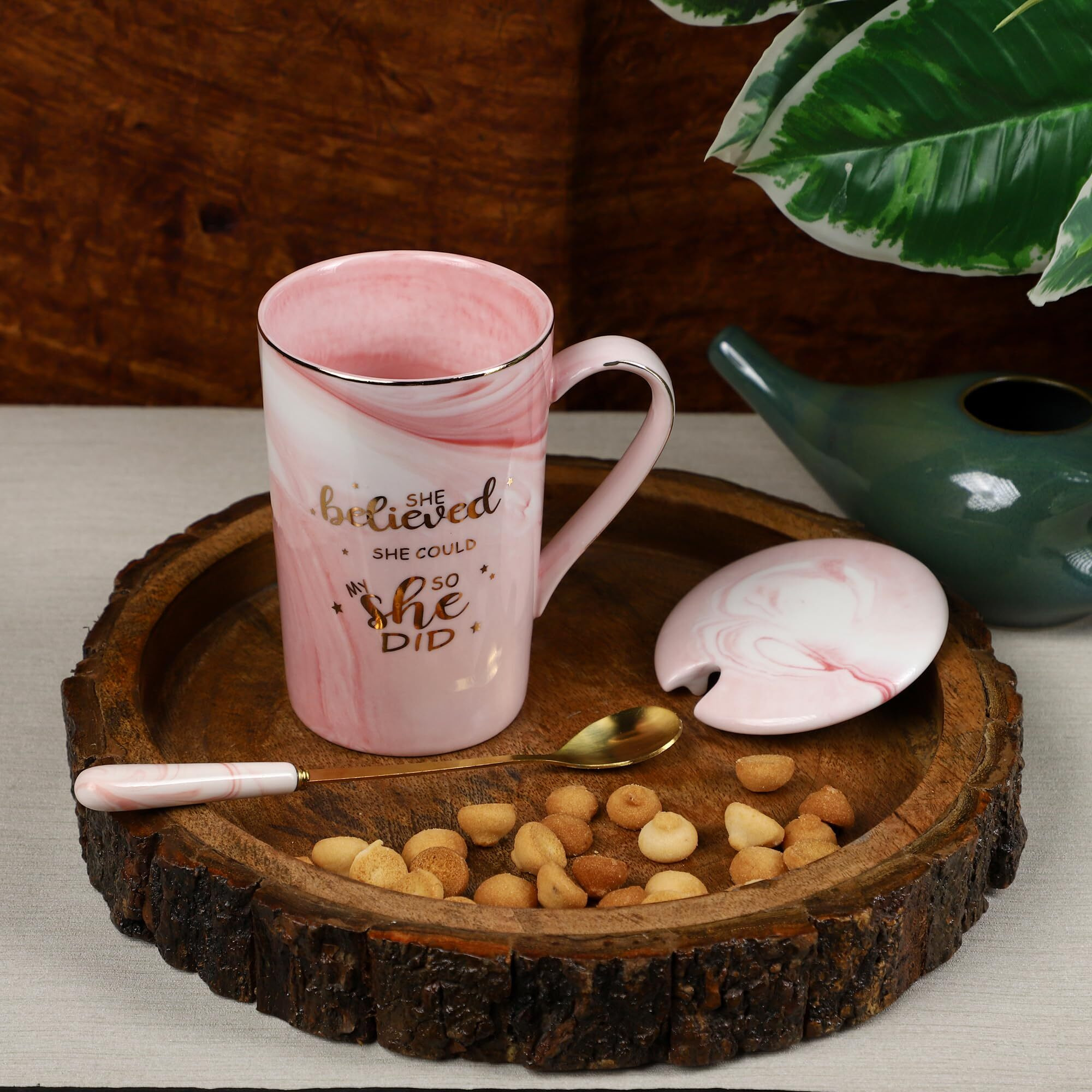 NYRWANA Coffee Mug, Birthday Gift for Girls, Birthday Gift for Women, Mugs for Coffee, Coffee Mug with Lid, Girls Gift Items for Birthday, Mug with Spoon & Gift Box (400ml - Pink)