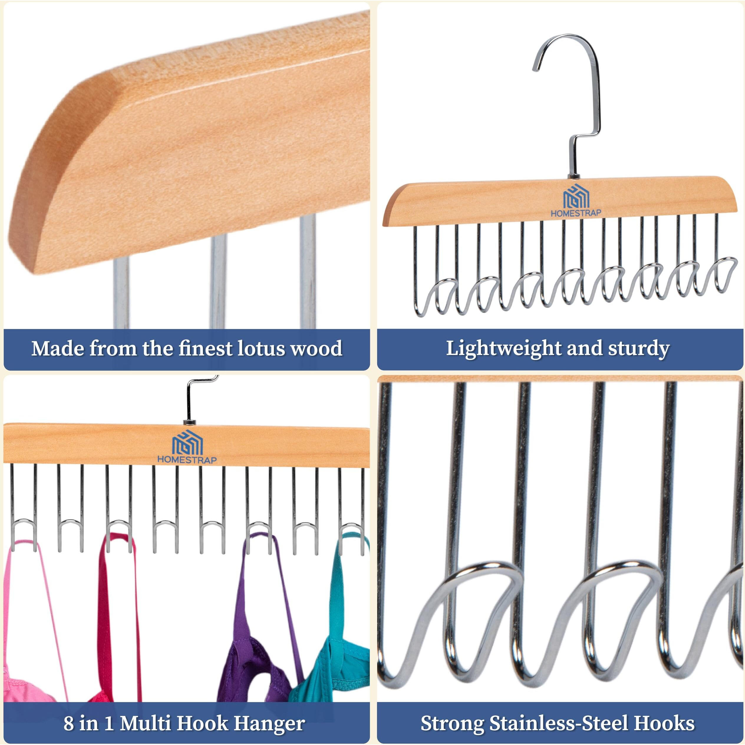 Homestrap Multi Hook Hanger (Pack of 1)| 8-in-1 Lotus Wood Tie and Belt Hanger| Space-Saving, Lightweight and Sturdy Hangers