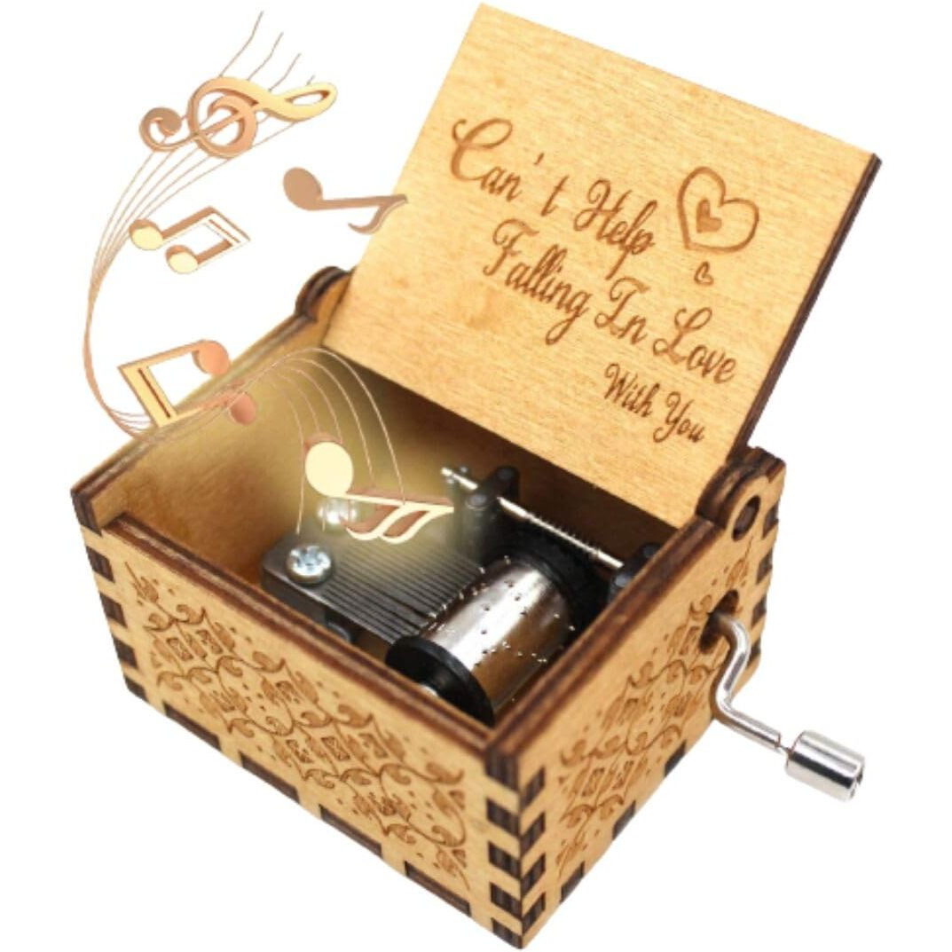 EITHEO Wooden Uniq Carved Hand Crank Cant Help Falling Love with You Theme Music Box