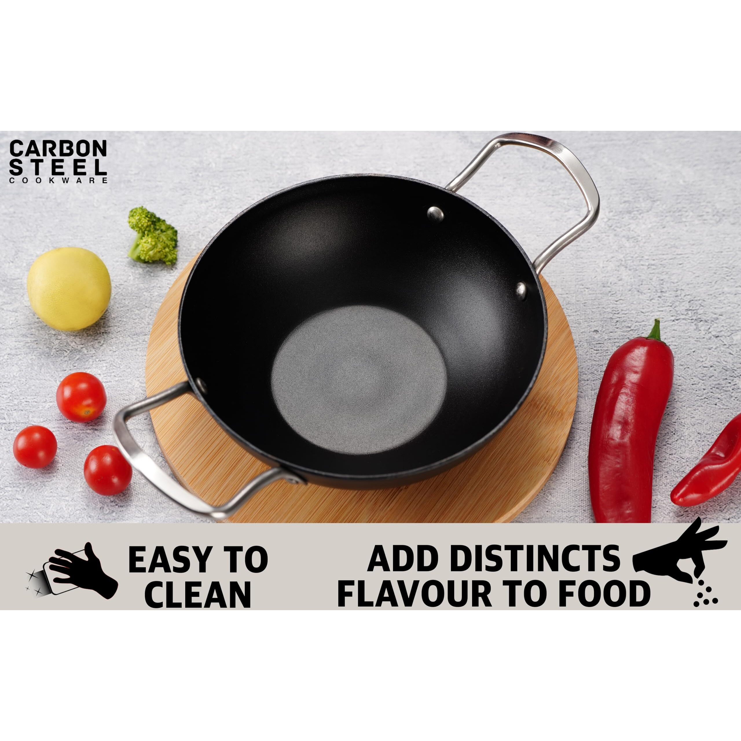 Sumeet Super Smooth Pre Seasoned Carbon Steel (Iron) Deep Kadai for Cooking and Deep Frying|Naturally Nonstick |17.3cm | 950ml, Gas & Induction-Friendly, Black