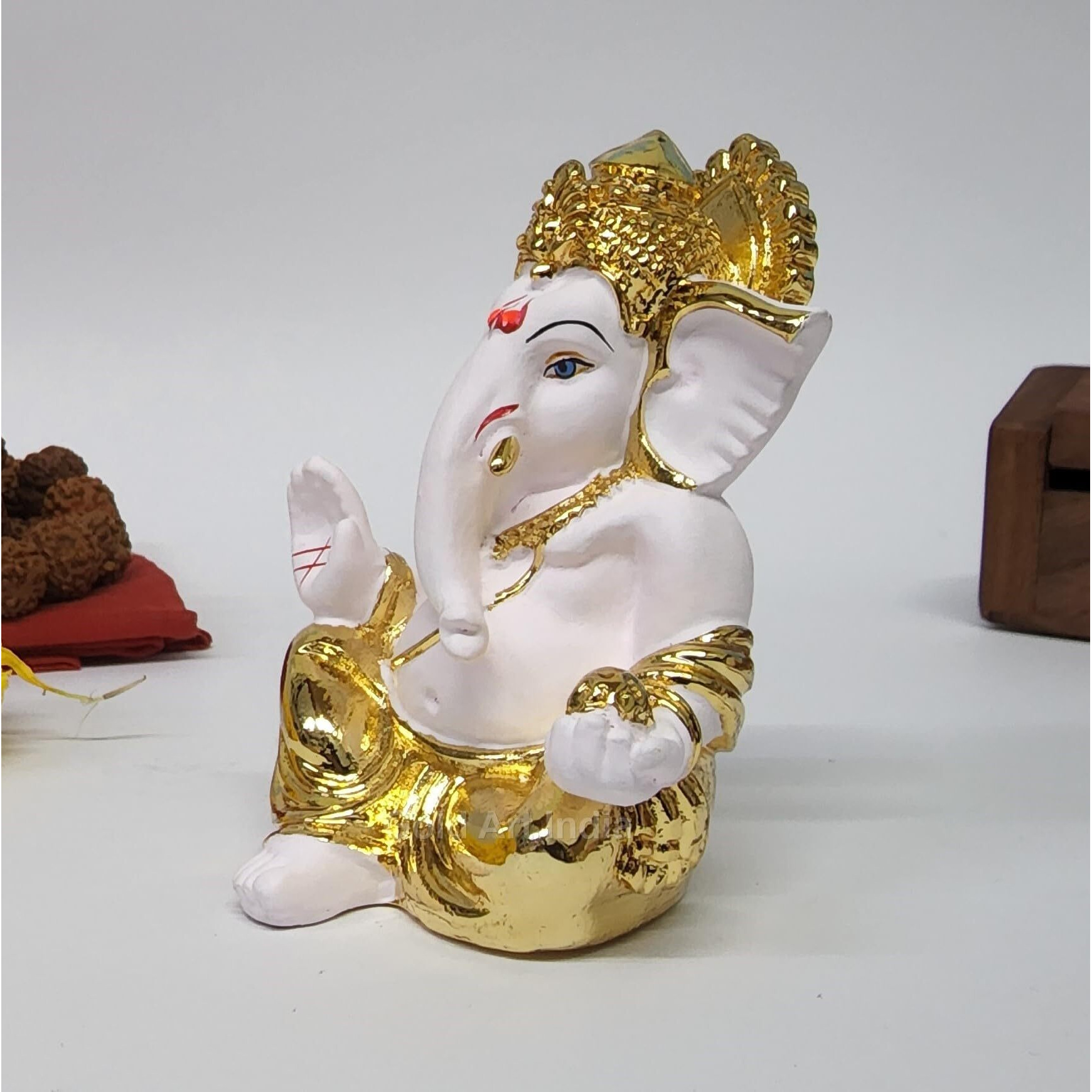 Gold Art India Gold Plated Gaddi Ganesha for Car Dashboard Home Decor Gifting Diwali Birthday Festivals (GAADDIGOLDWHITE)