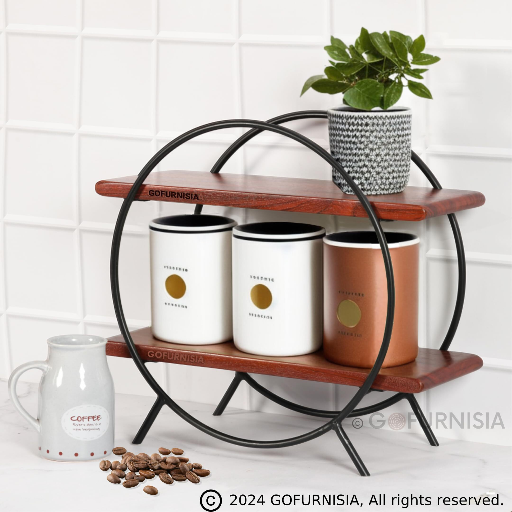 GOFURNISIA Kitchen Organizer Wooden Storage Rack | Solid Wood Premium Circular 2 shelf countertop Spice Rack/ Oil/ Bar Rack | 1 Year Warranty | DIY | Handcrafted in India