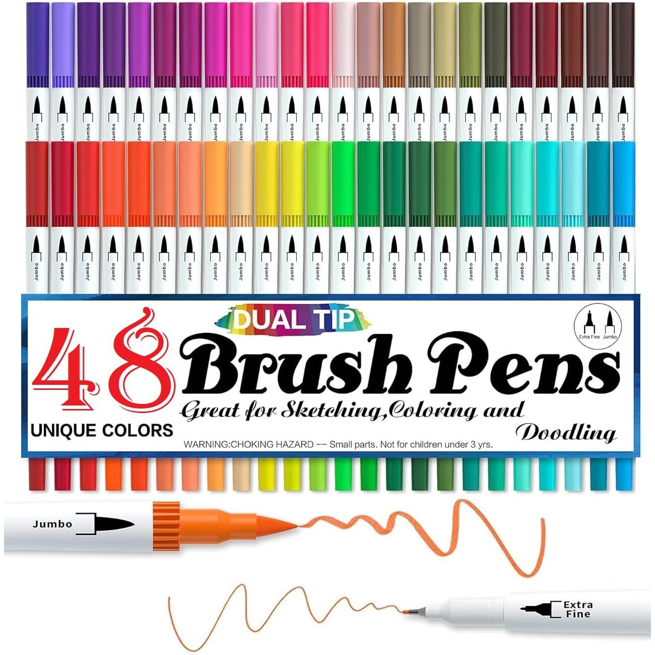 SUPER TOY 48 Shades Dual Tip Brush Marker Fineline Color Pens Set for Coloring Calligraphy Double Sided Art Markers for Kids Adult Artist, Journal, Doodling, Writing, Coloring Books