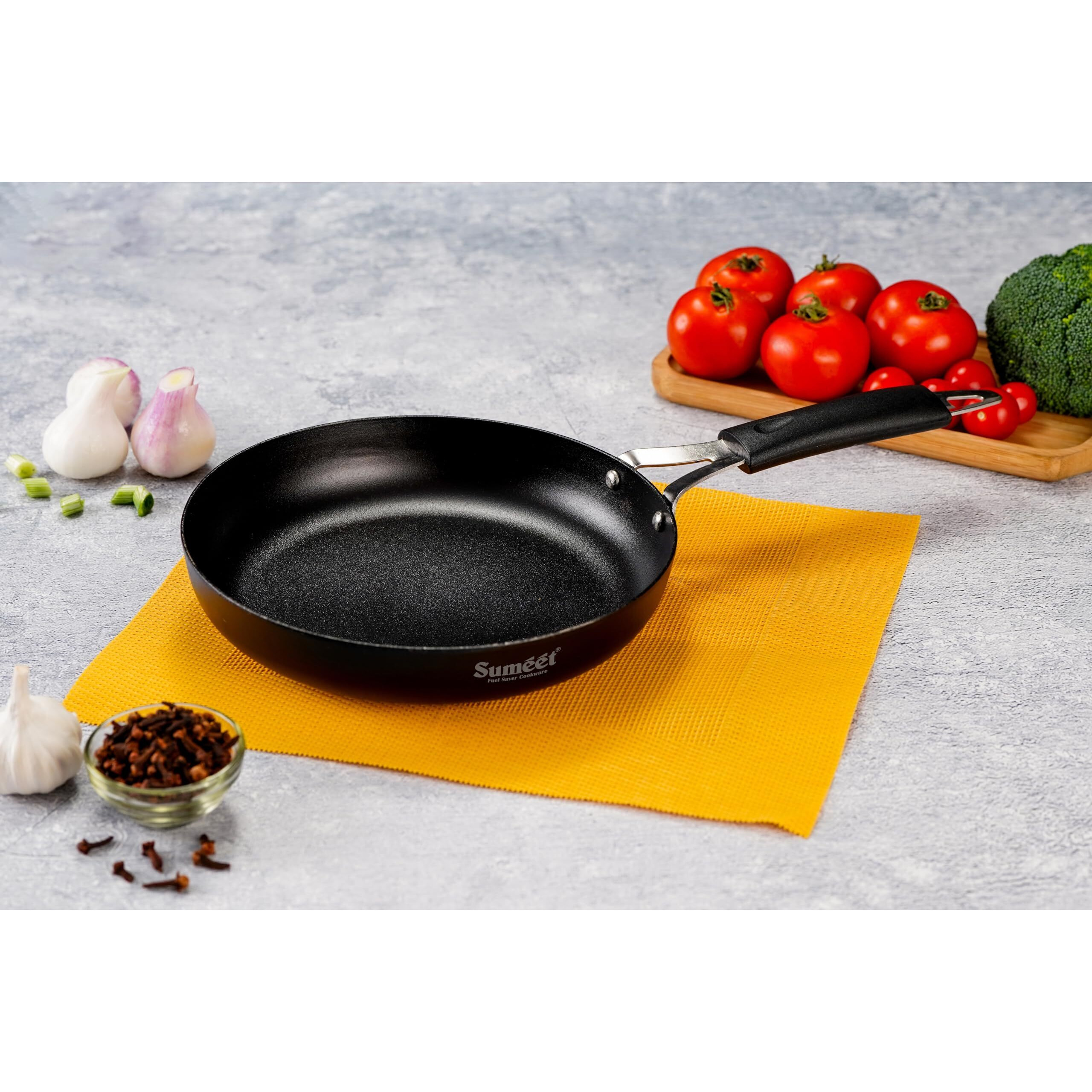 Sumeet Super Smooth Pre Seasoned Carbon Steel (Iron) Fry Pan for Frying, Roasting, Saute|Naturally Nonstick |22.3cm | 1500ml, Gas & Induction-Friendly, Black