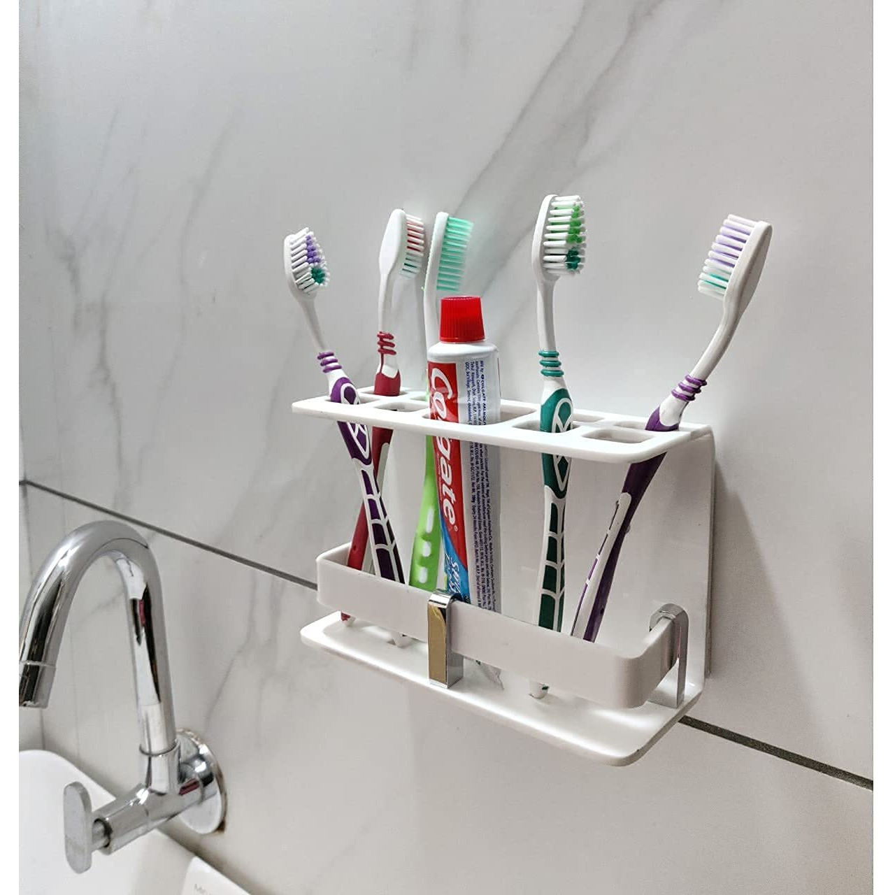 ZICOTO Acrylic Classic Toothbrush Stand with Bottle Holder/Tumbler Holder/Toothpaste for Bathroom Stand Organizer Rack for Home(White Big A.C)