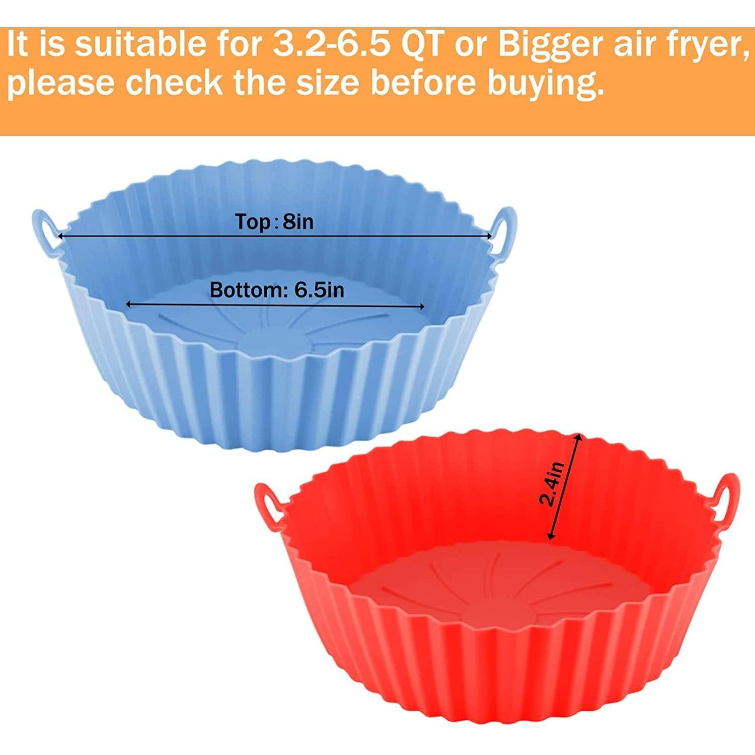 RUCON Air Fryer Liners I Round Silicone Basket Baking Tray I Pot with Ear Handles I Nonstick Reusable Heat Resistant I Cooking Oven Insert Accessories - Multicolor (8 inch, Pack of 2)