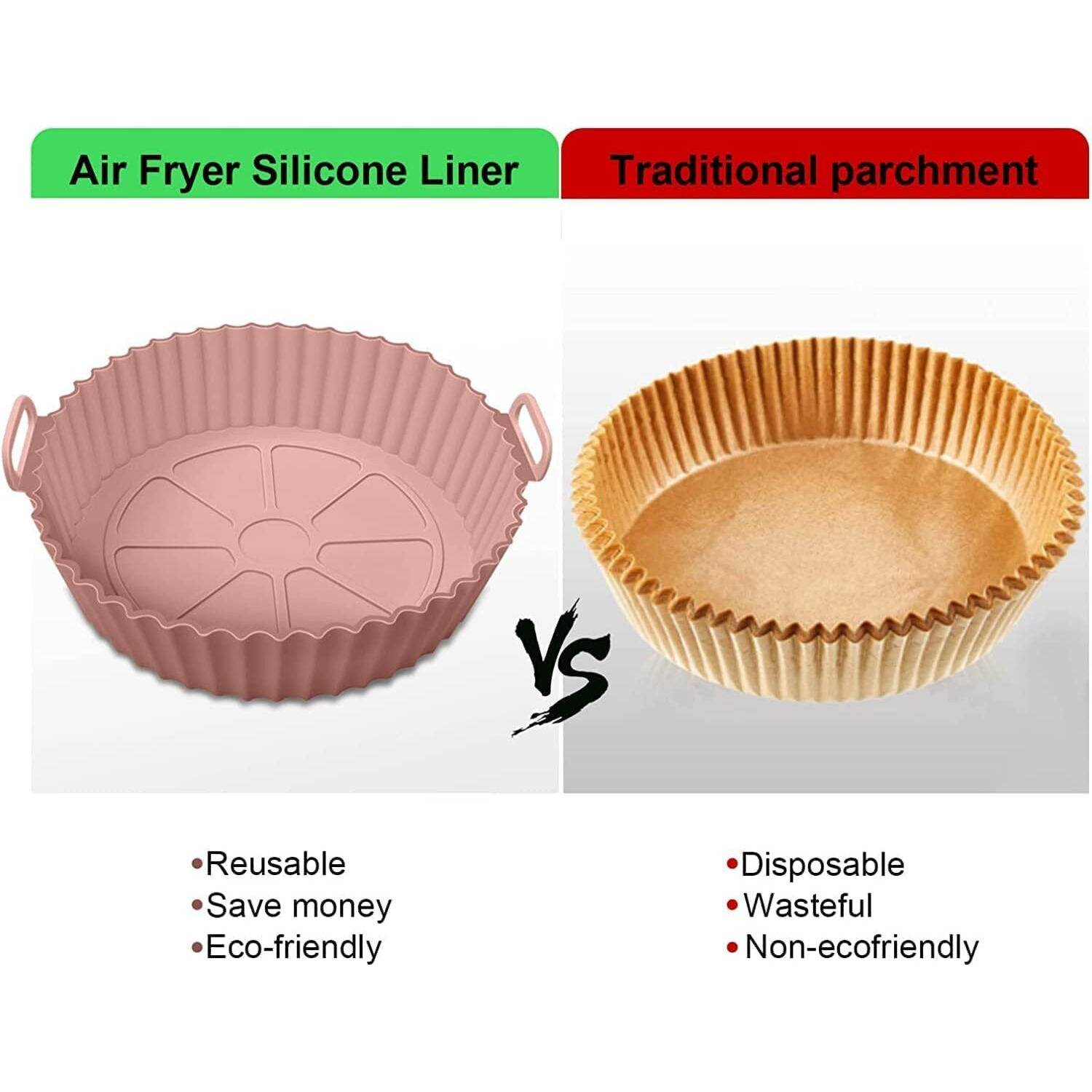 RUCON Air Fryer Liners I Round Silicone Basket Baking Tray I Pot with Ear Handles I Nonstick Reusable Heat Resistant I Cooking Oven Insert Accessories - Multicolor (8 inch, Pack of 2)